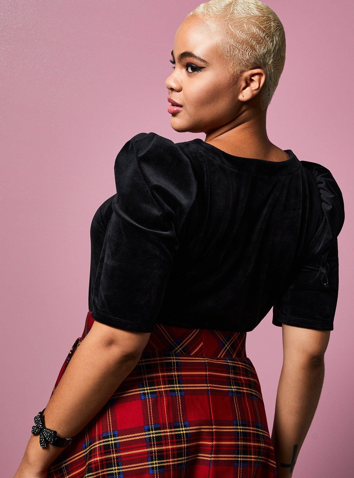 Plus Size Betsey Johnson Black Velvet Puff Sleeve Corset Top, DEEP BLACK, alternate