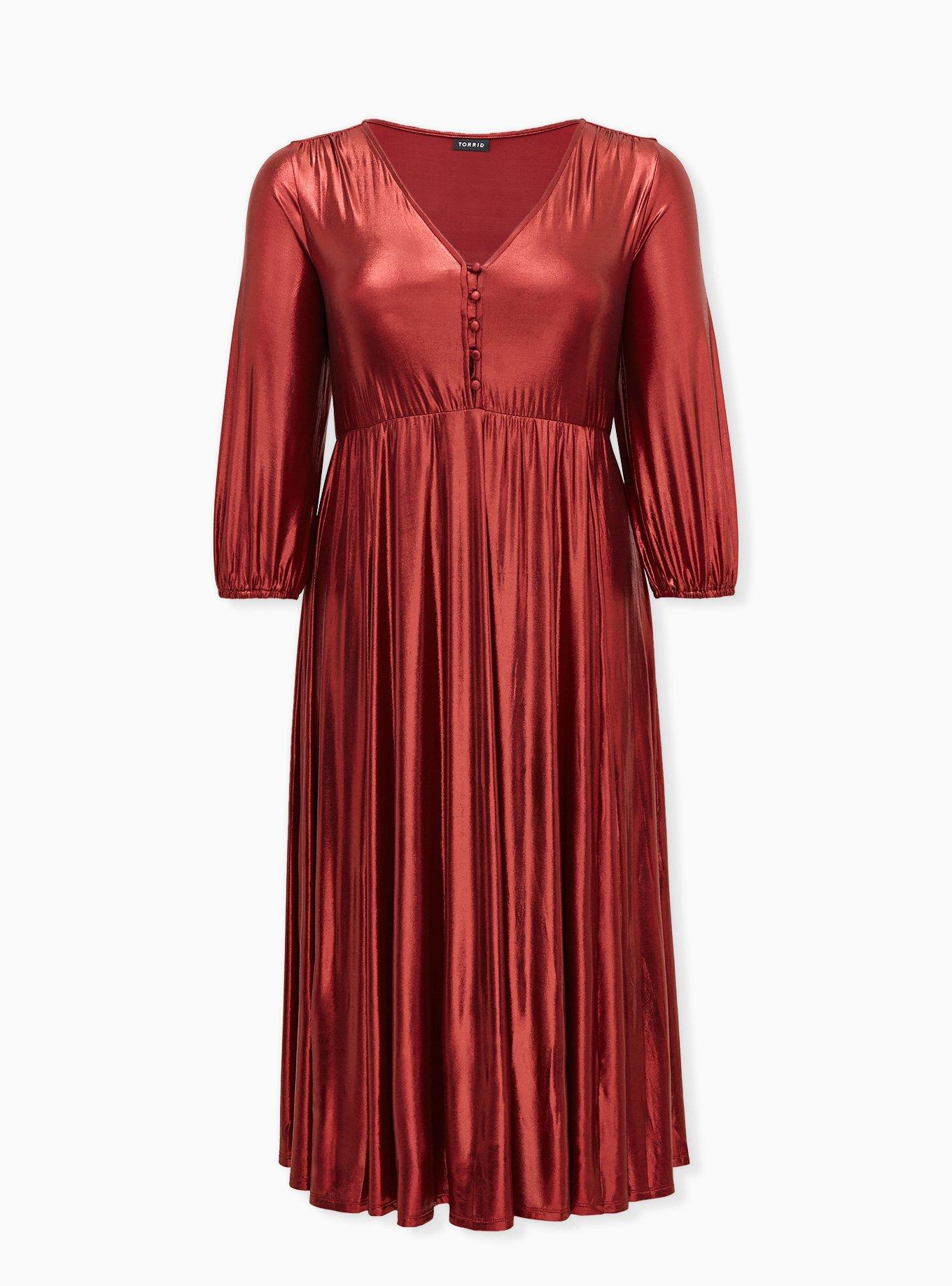 Red Liquid Knit Tea Length Dress, , hi-res
