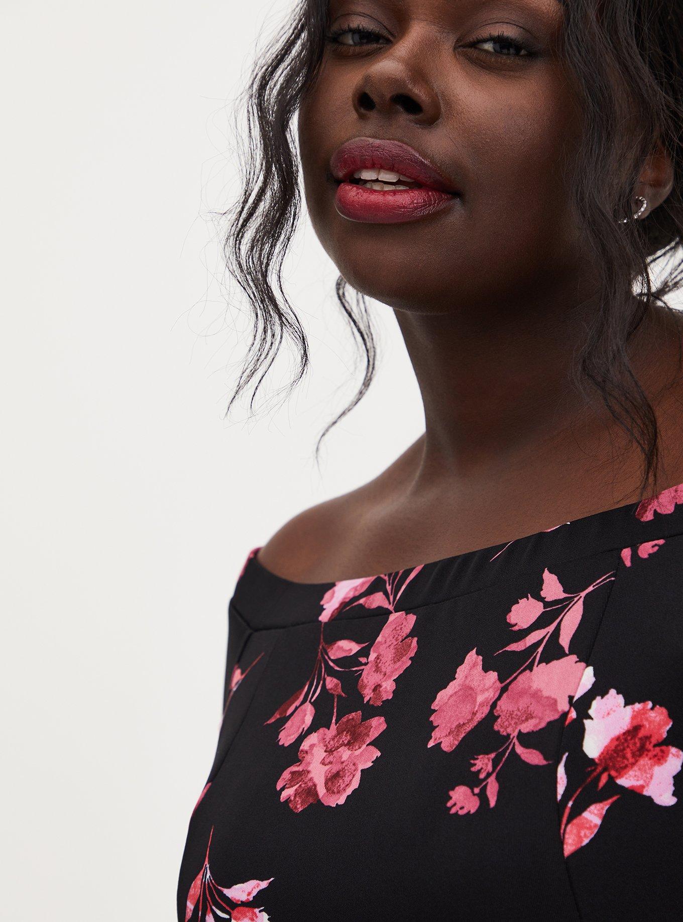 Plus Size Black Floral Scuba Knit Off The Shoulder Midi Skater Dress, FLORAL BLACK, alternate