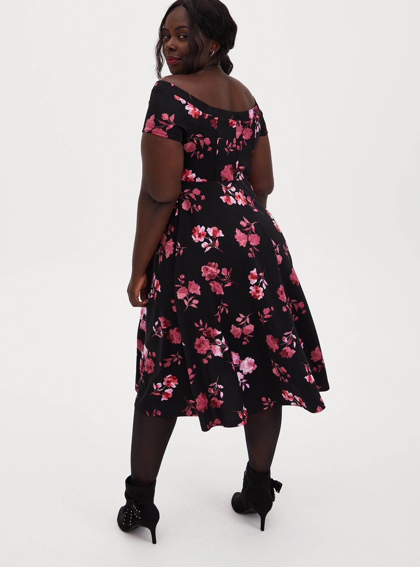 Plus Size Black Floral Scuba Knit Off The Shoulder Midi Skater Dress, FLORAL BLACK, alternate