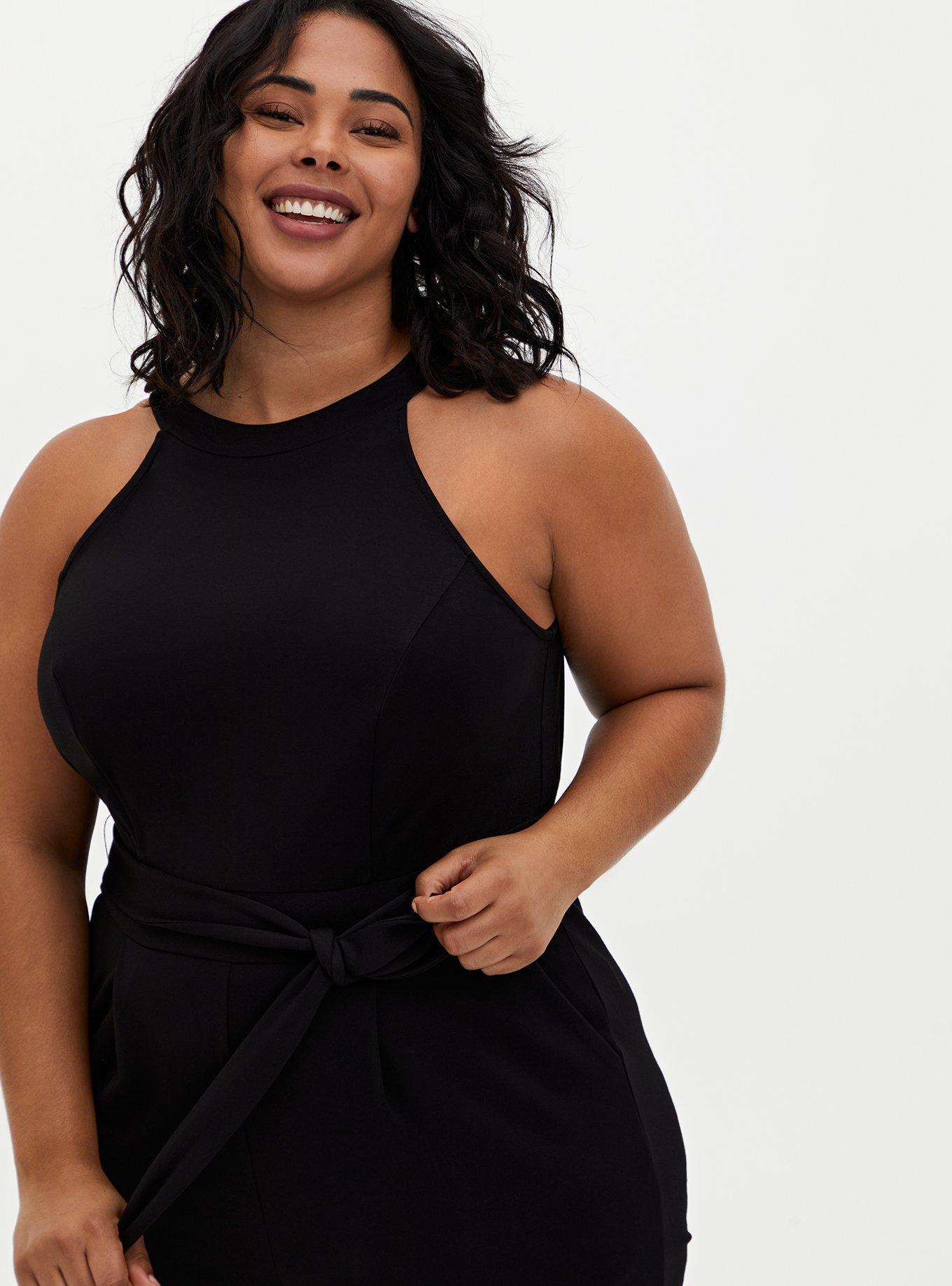 Plus Size Black Ponte Halter Tapered Jumpsuit , DEEP BLACK, alternate