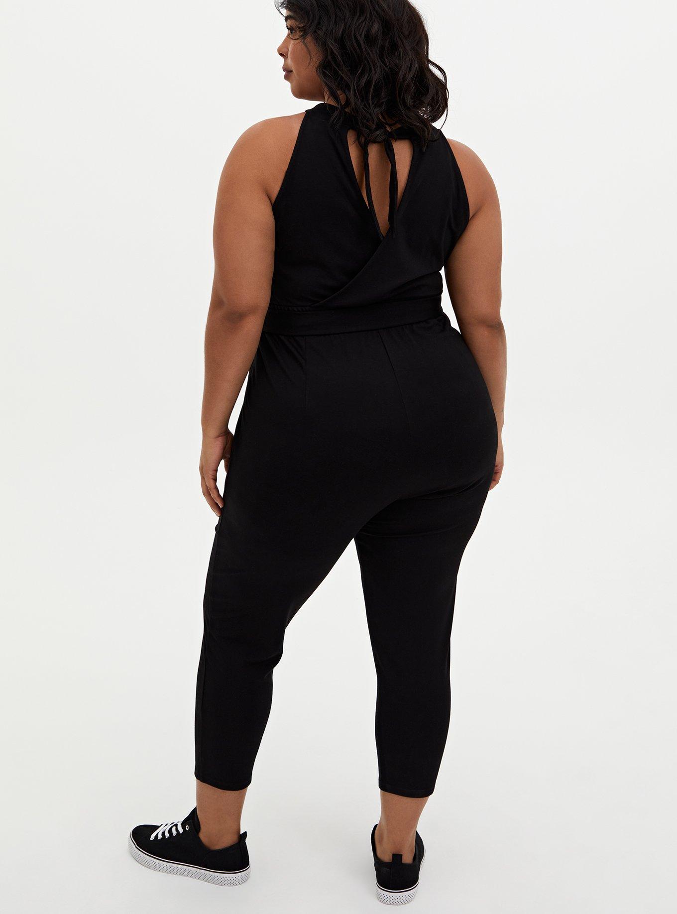 Plus Size Black Ponte Halter Tapered Jumpsuit , DEEP BLACK, alternate