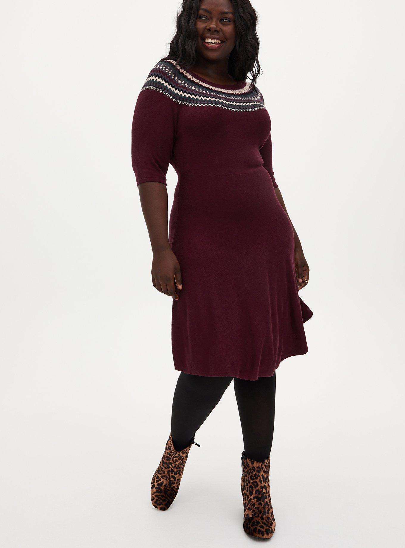 Plus Size - Burgundy Purple Fair Isle Sweater Knit Skater Dress - Torrid