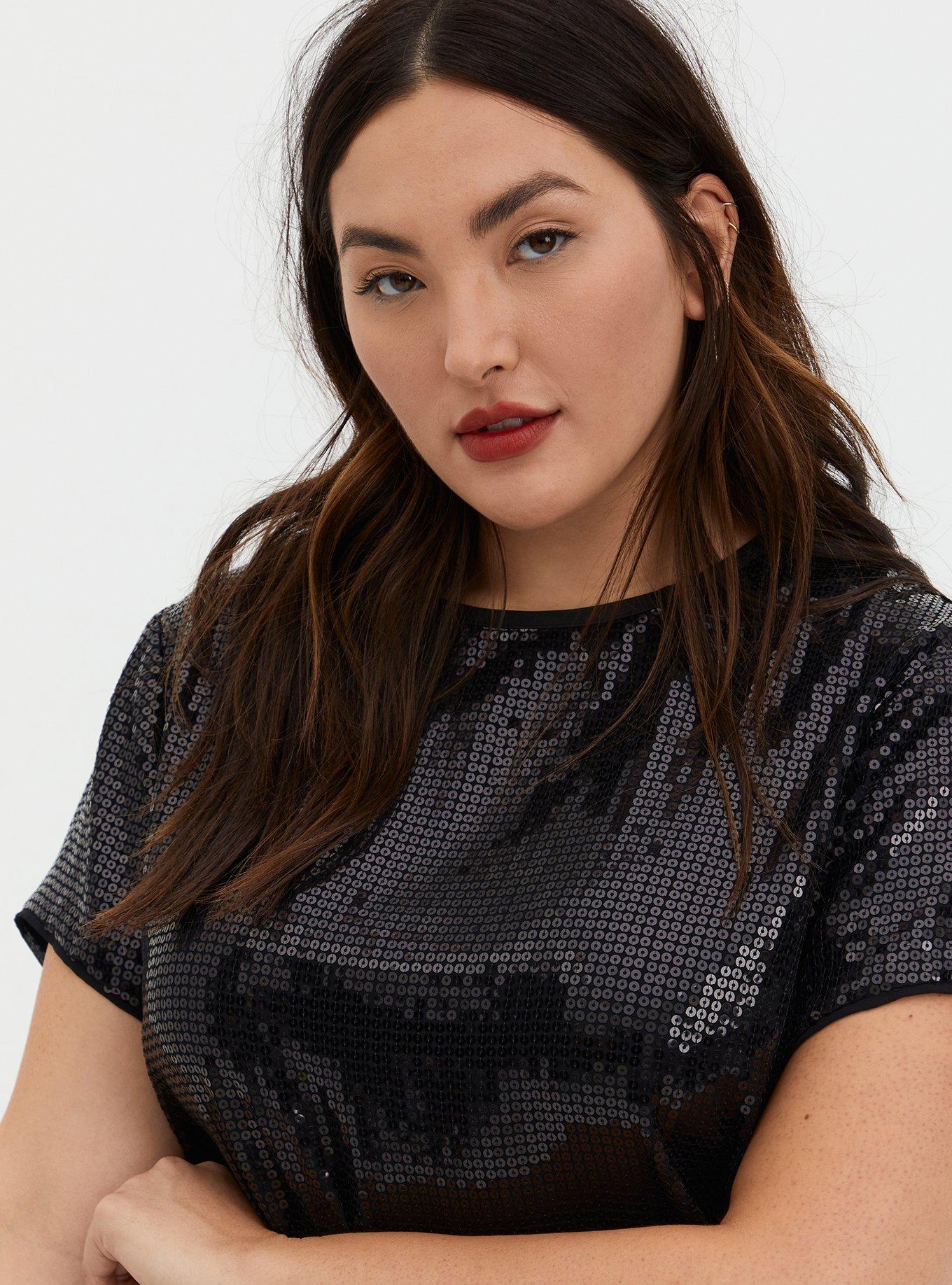 Black Sequin Crop Top, DEEP BLACK, alternate