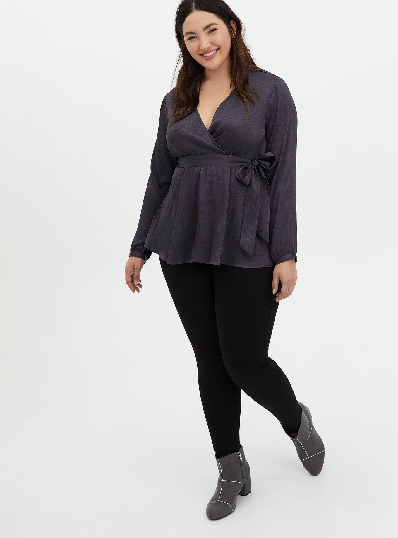 Dark Slate Grey Crinkle Gauze Babydoll Wrap Blouse, NINE IRON, alternate