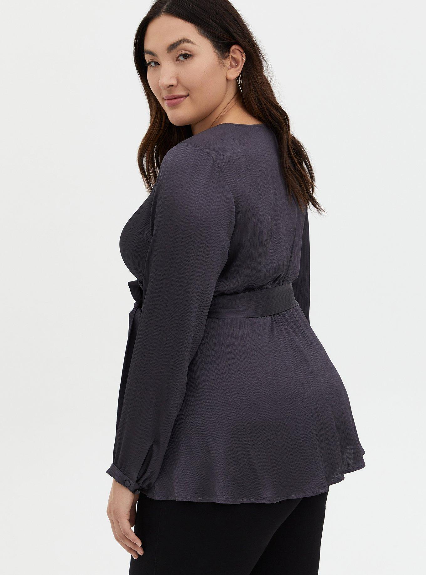 Dark Slate Grey Crinkle Gauze Babydoll Wrap Blouse, NINE IRON, alternate