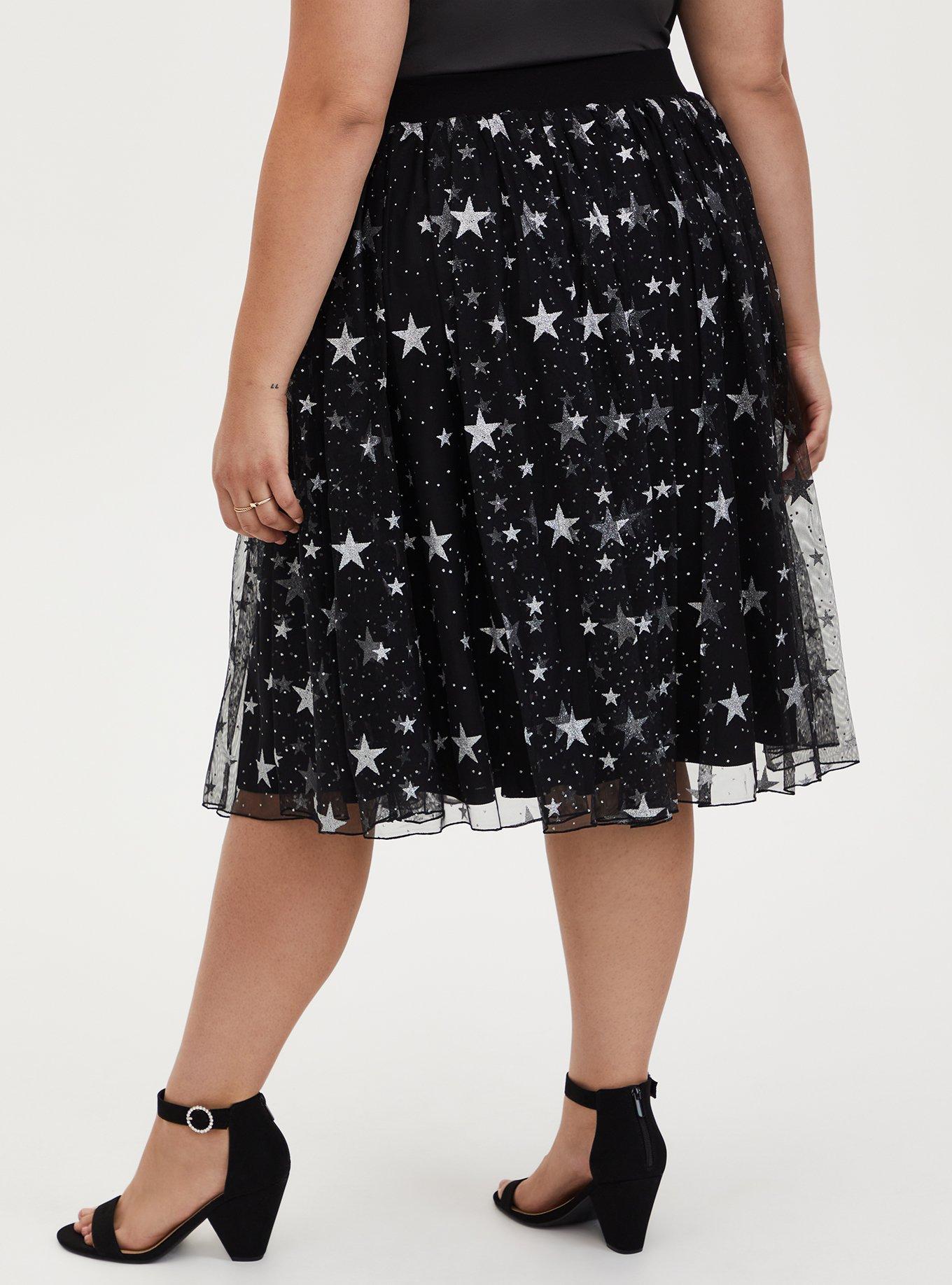  Black Silver Star Tulle Midi Skirt , BLACK STAR, alternate