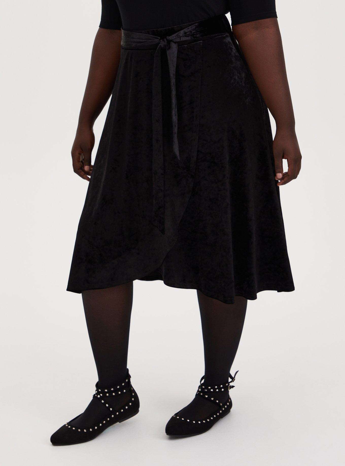 Plus Size Black Crushed Velvet Wrap Midi Skirt Torrid