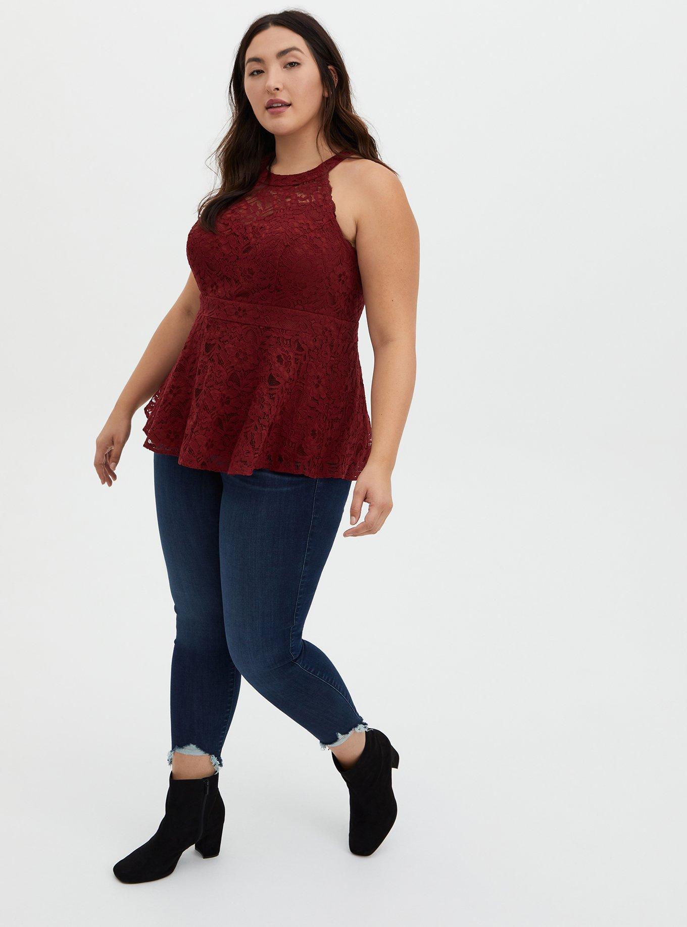 Peplum Lace High Neck Top, RED, alternate