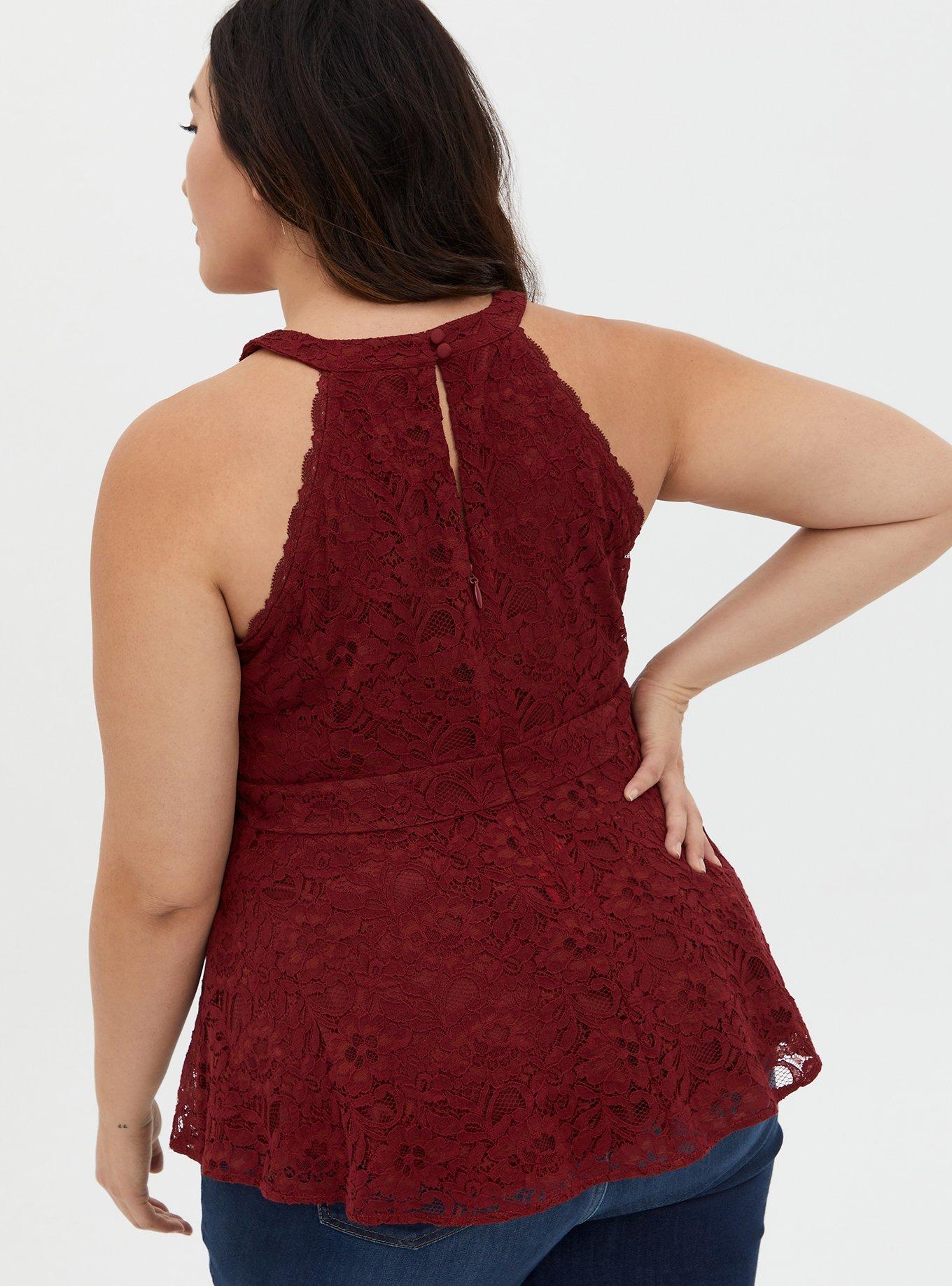 Peplum Lace High Neck Top, RED, alternate