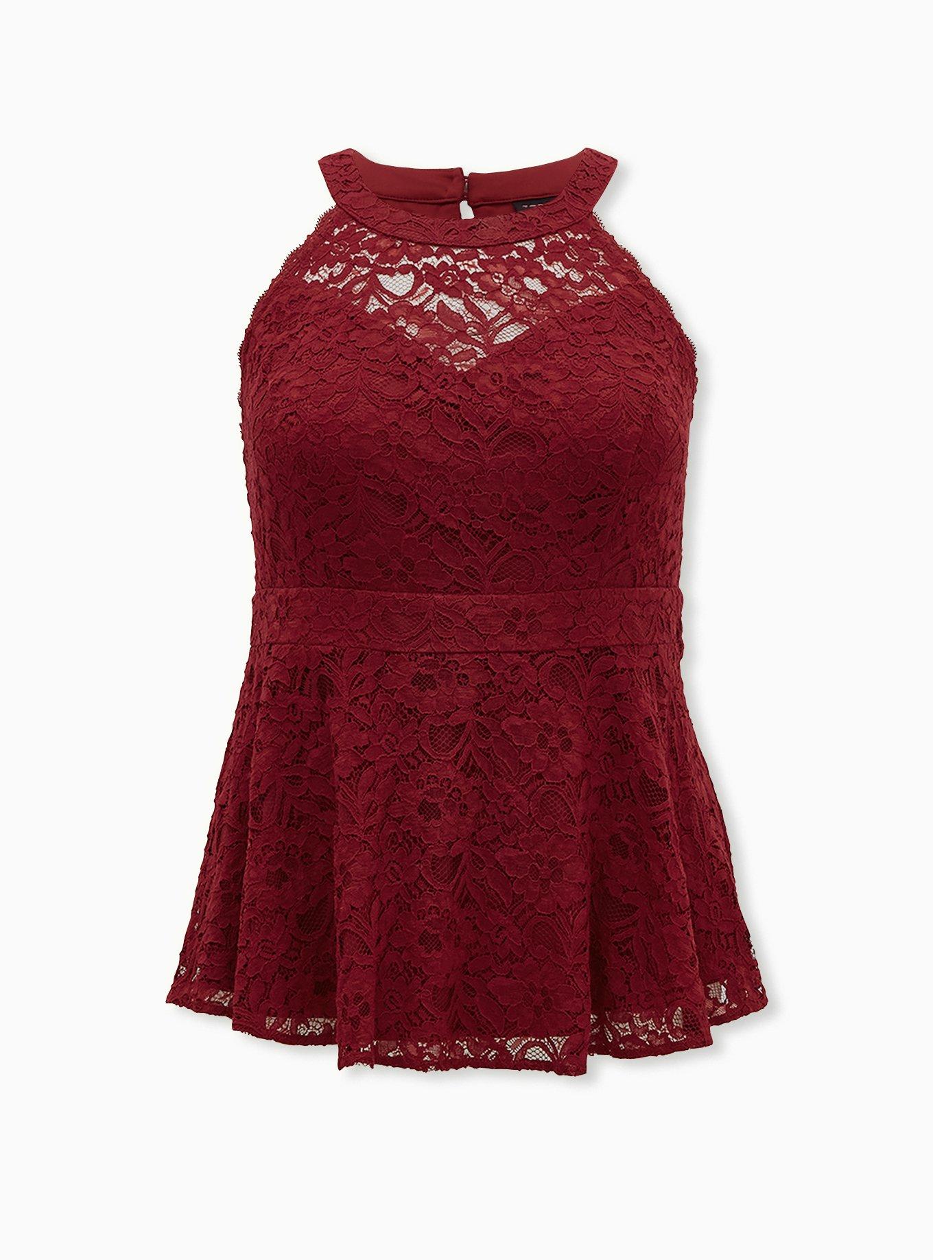 Peplum Lace High Neck Top, RED, hi-res