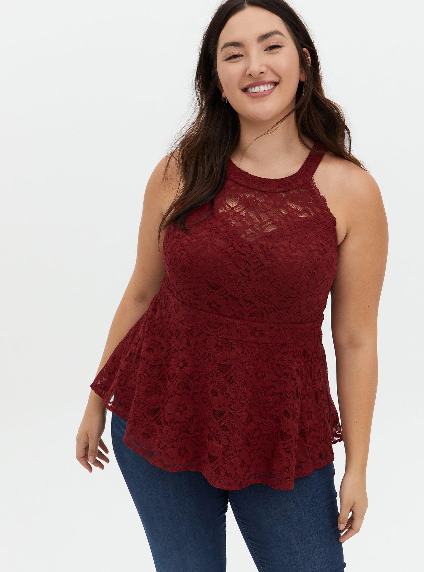 Peplum Lace High Neck Top, RED, hi-res