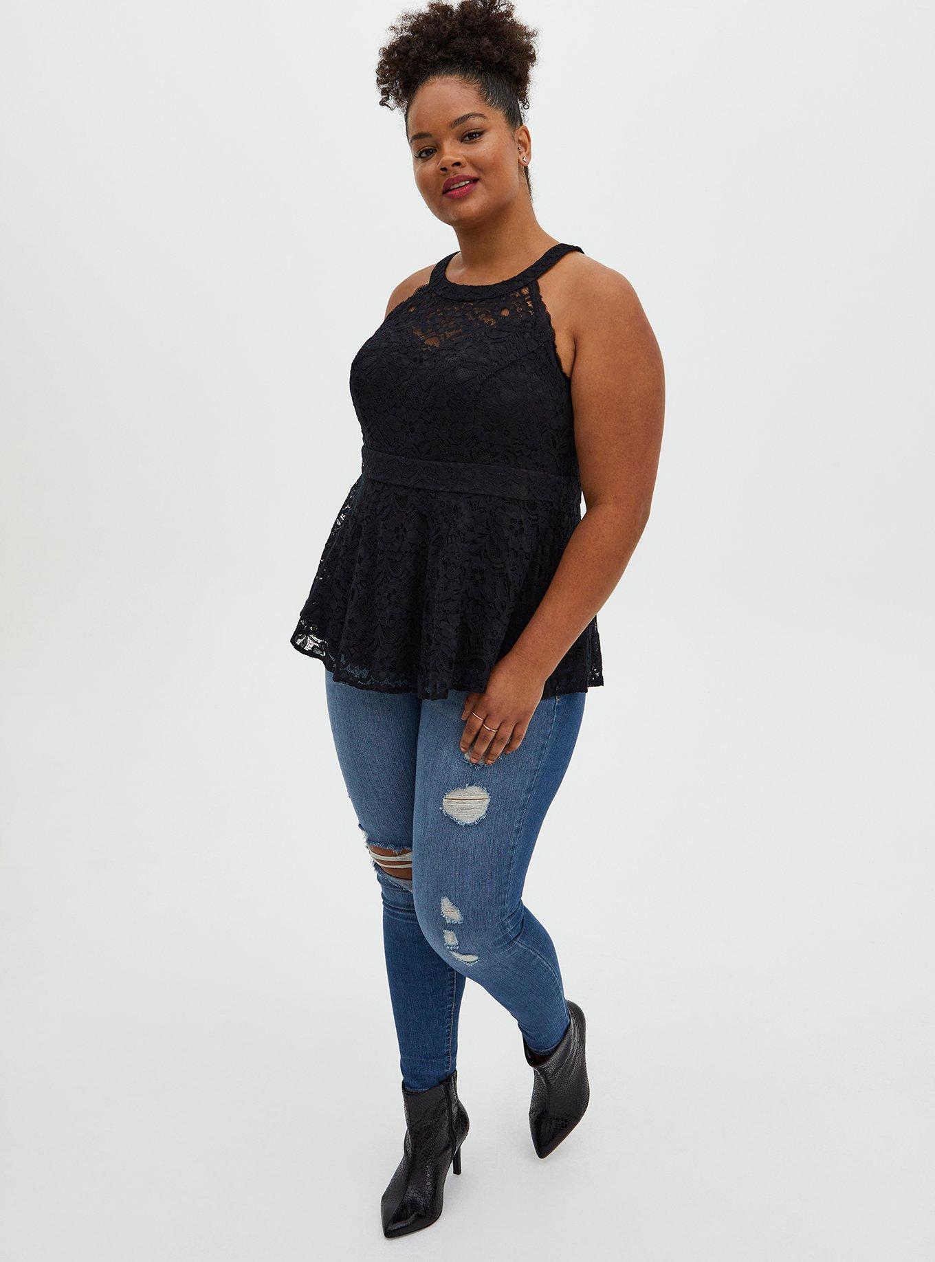Plus Size Peplum Lace High Neck Top, DEEP BLACK, alternate