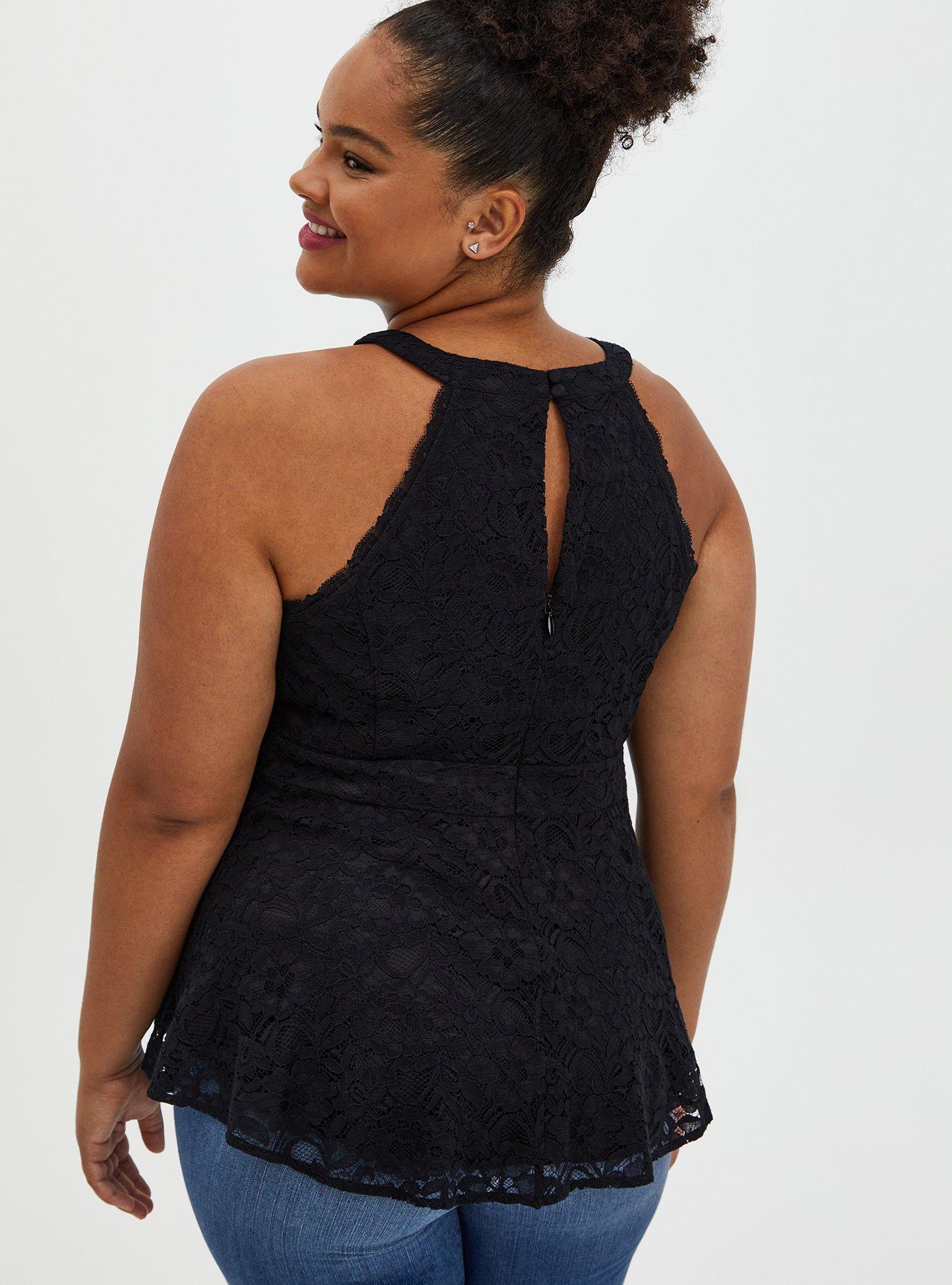 Plus Size Peplum Lace High Neck Top, DEEP BLACK, alternate