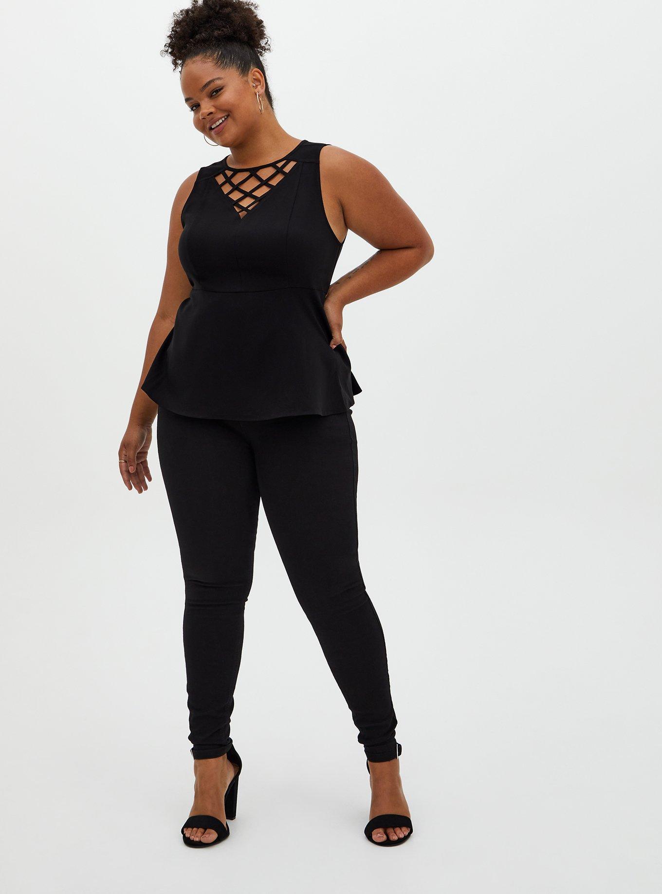 Peplum Crepe Cage Front Top, DEEP BLACK, alternate