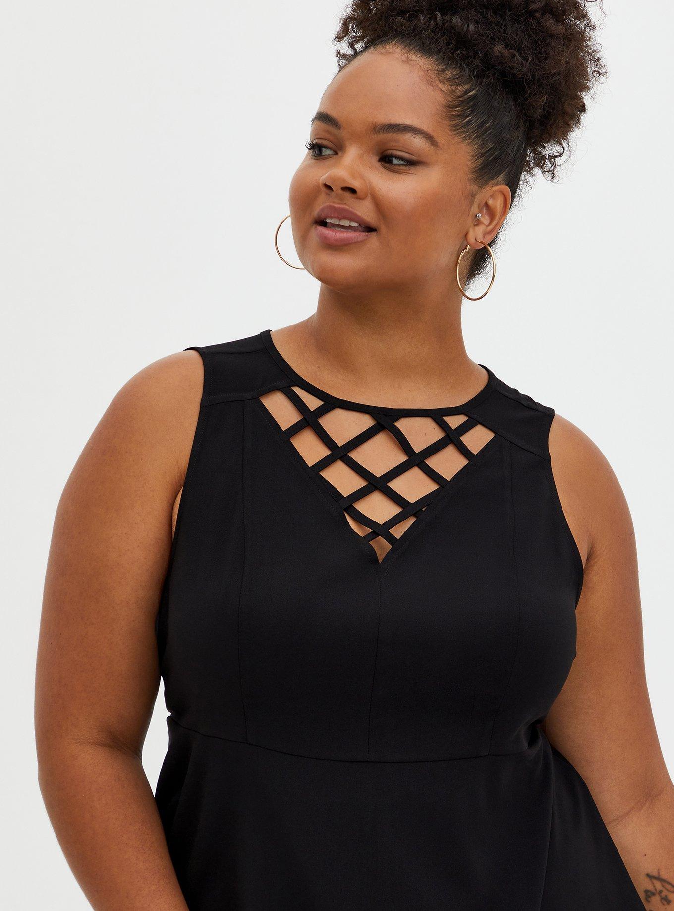 Peplum Crepe Cage Front Top, DEEP BLACK, alternate