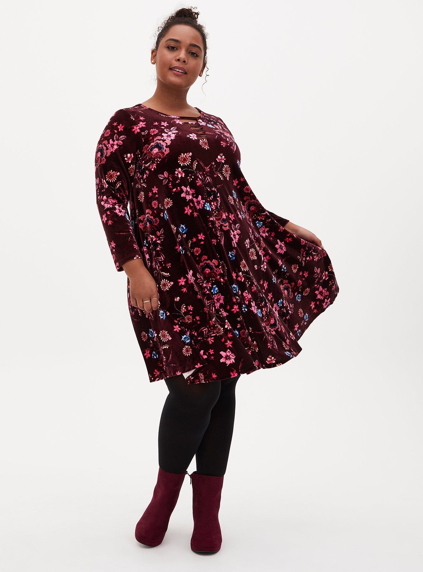 Burgundy Floral Velvet Ladder Neck Dress, FLORAL BURGUNDY, alternate