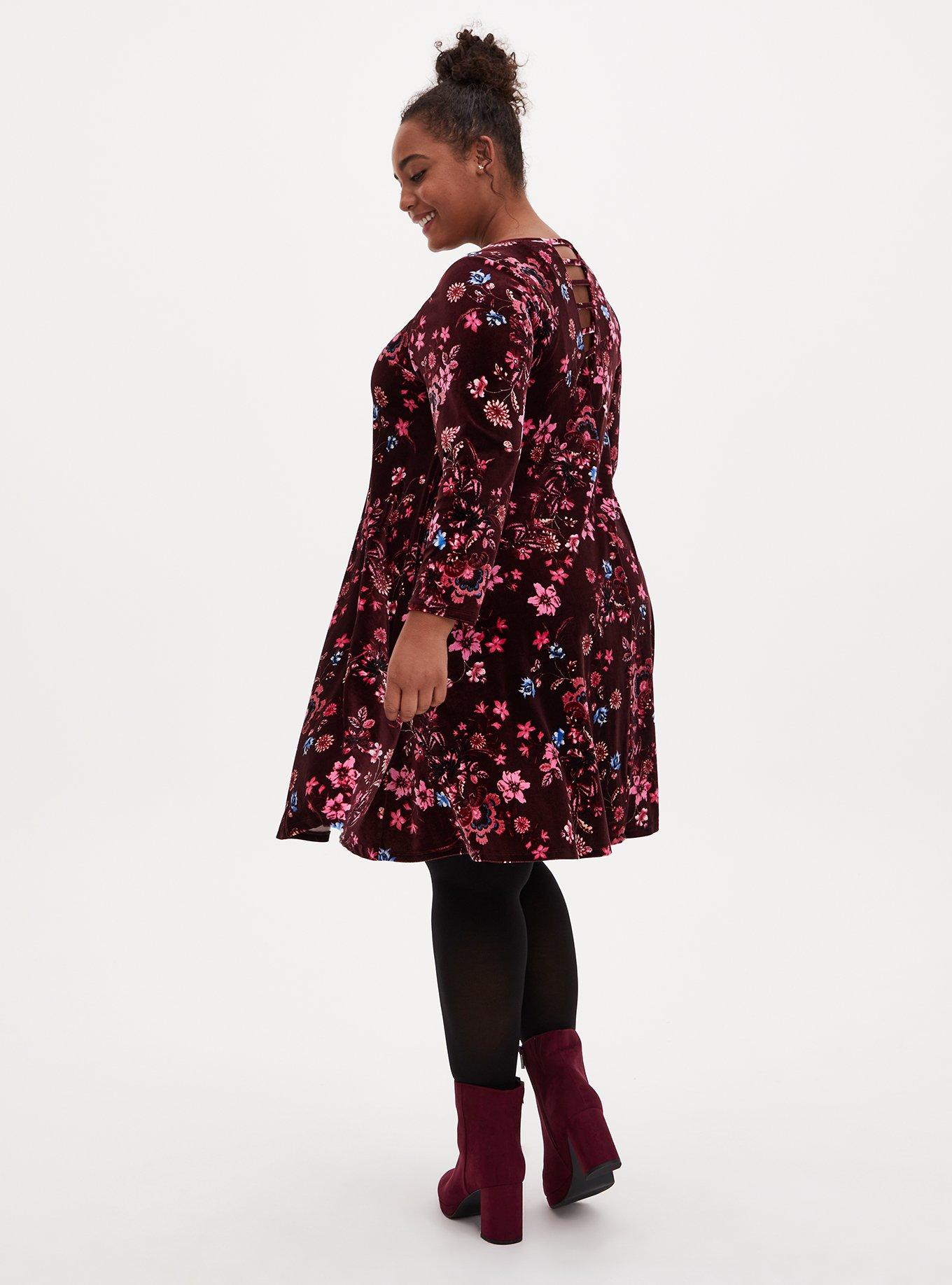 Burgundy Floral Velvet Ladder Neck Dress, FLORAL BURGUNDY, alternate