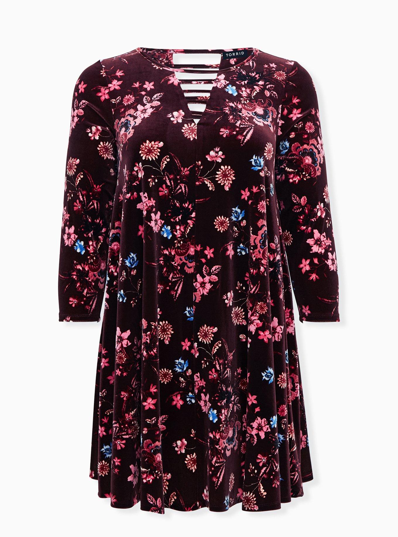 Burgundy Floral Velvet Ladder Neck Dress, FLORAL BURGUNDY, hi-res