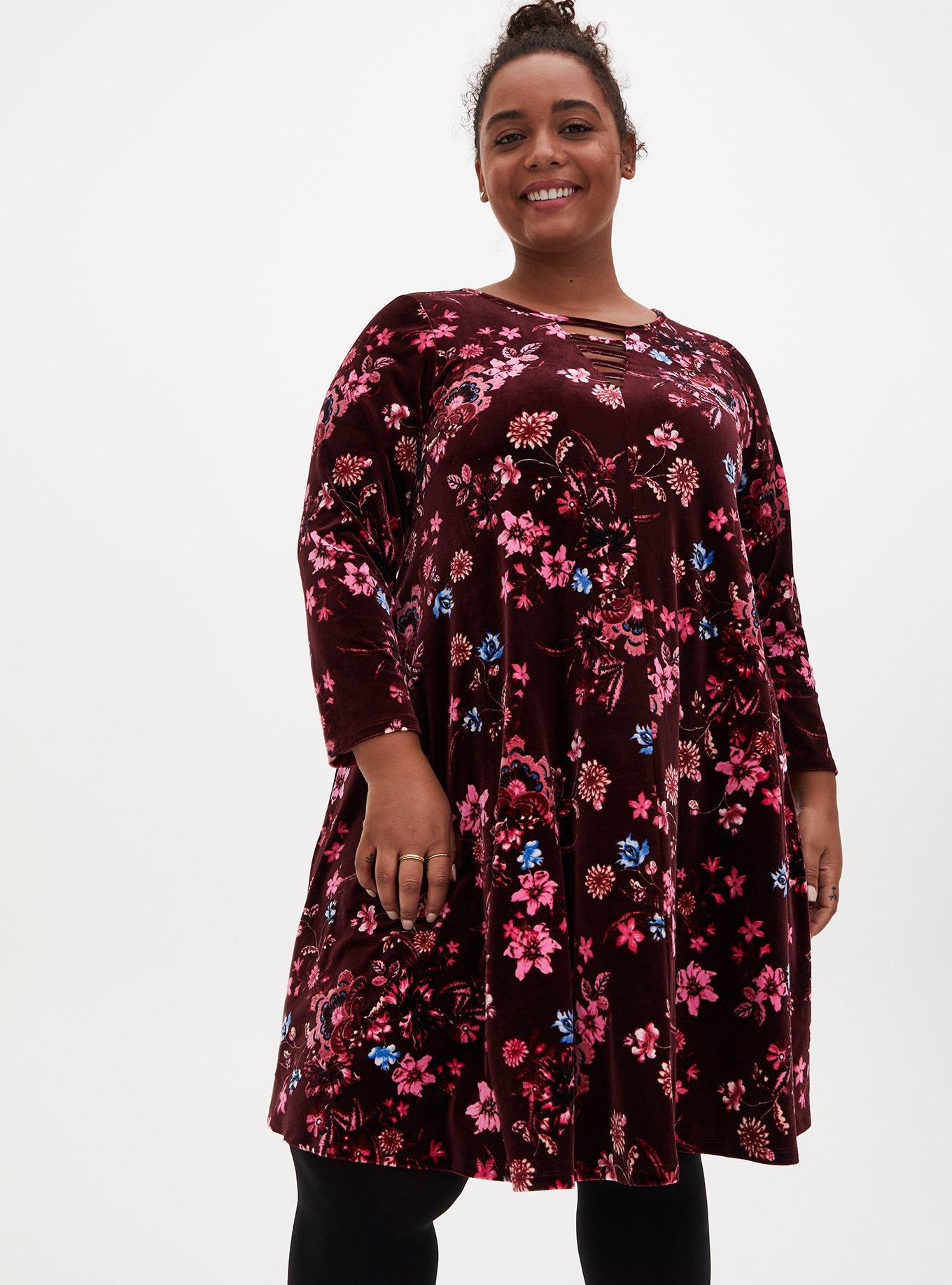 Plus Size - Burgundy Floral Velvet Ladder Neck Dress - Torrid