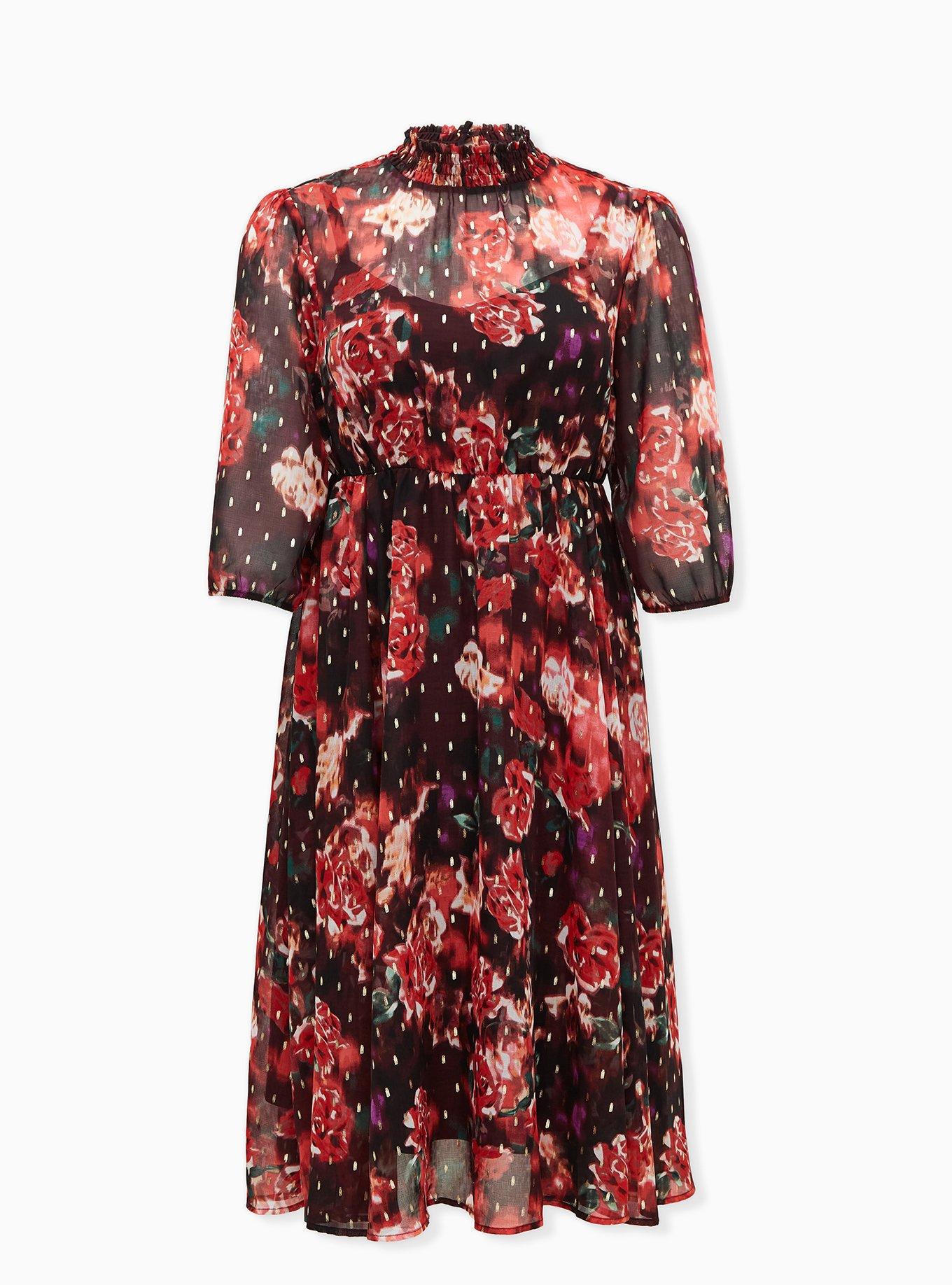 Plus Size - Burgundy Purple Floral Chiffon Mock Neck Midi Dress - Torrid