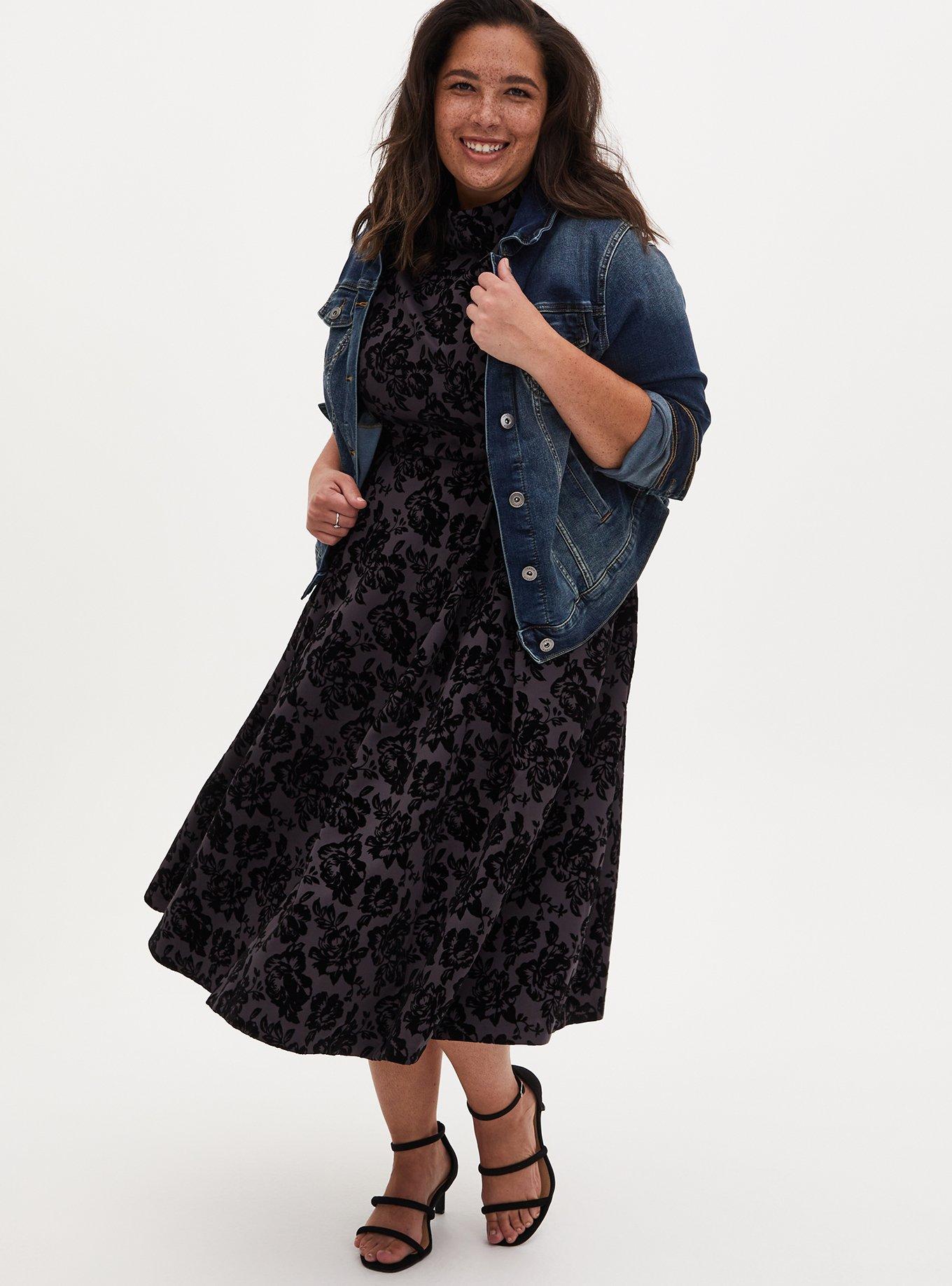 Grey Floral Scuba Knit Mock Neck Midi Skater Dress, , alternate