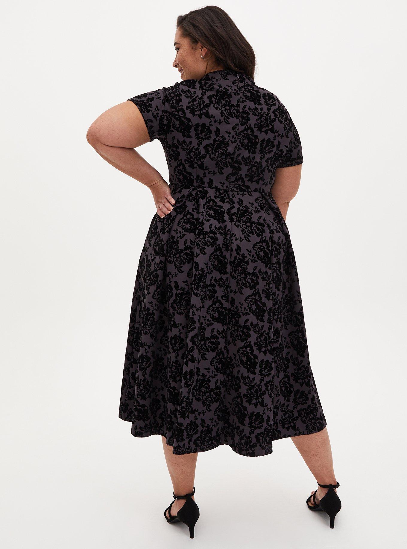 Grey Floral Scuba Knit Mock Neck Midi Skater Dress, , alternate