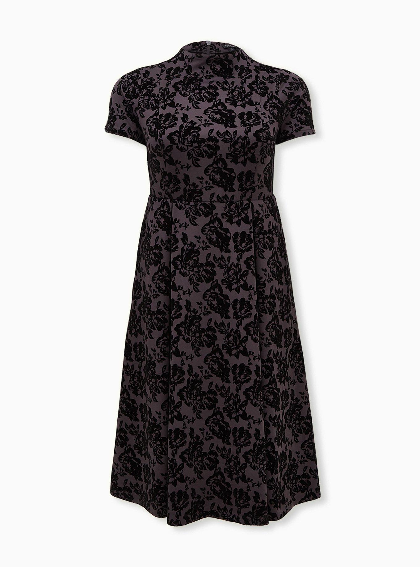 Grey Floral Scuba Knit Mock Neck Midi Skater Dress, , hi-res
