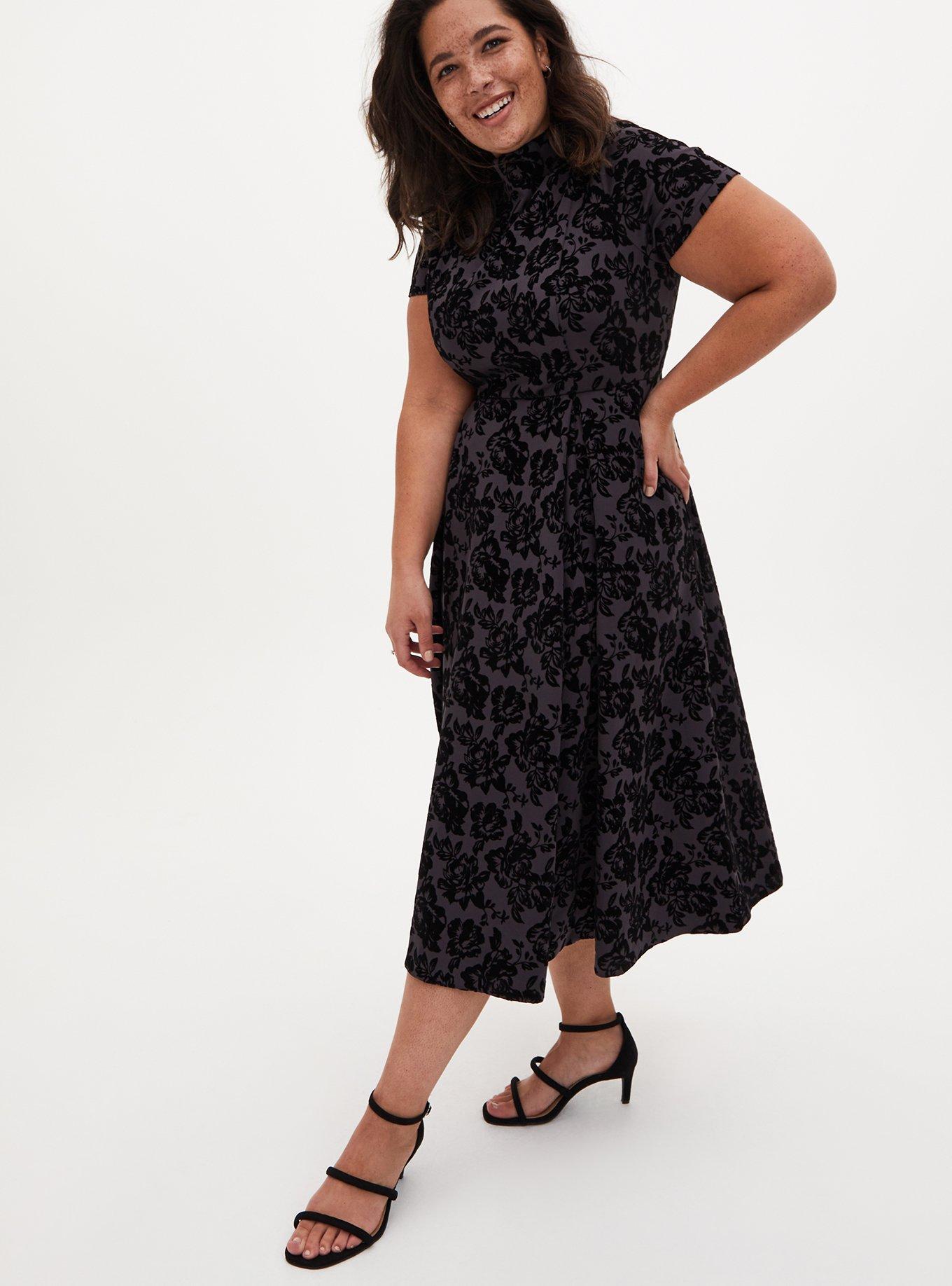 Grey Floral Scuba Knit Mock Neck Midi Skater Dress, , hi-res