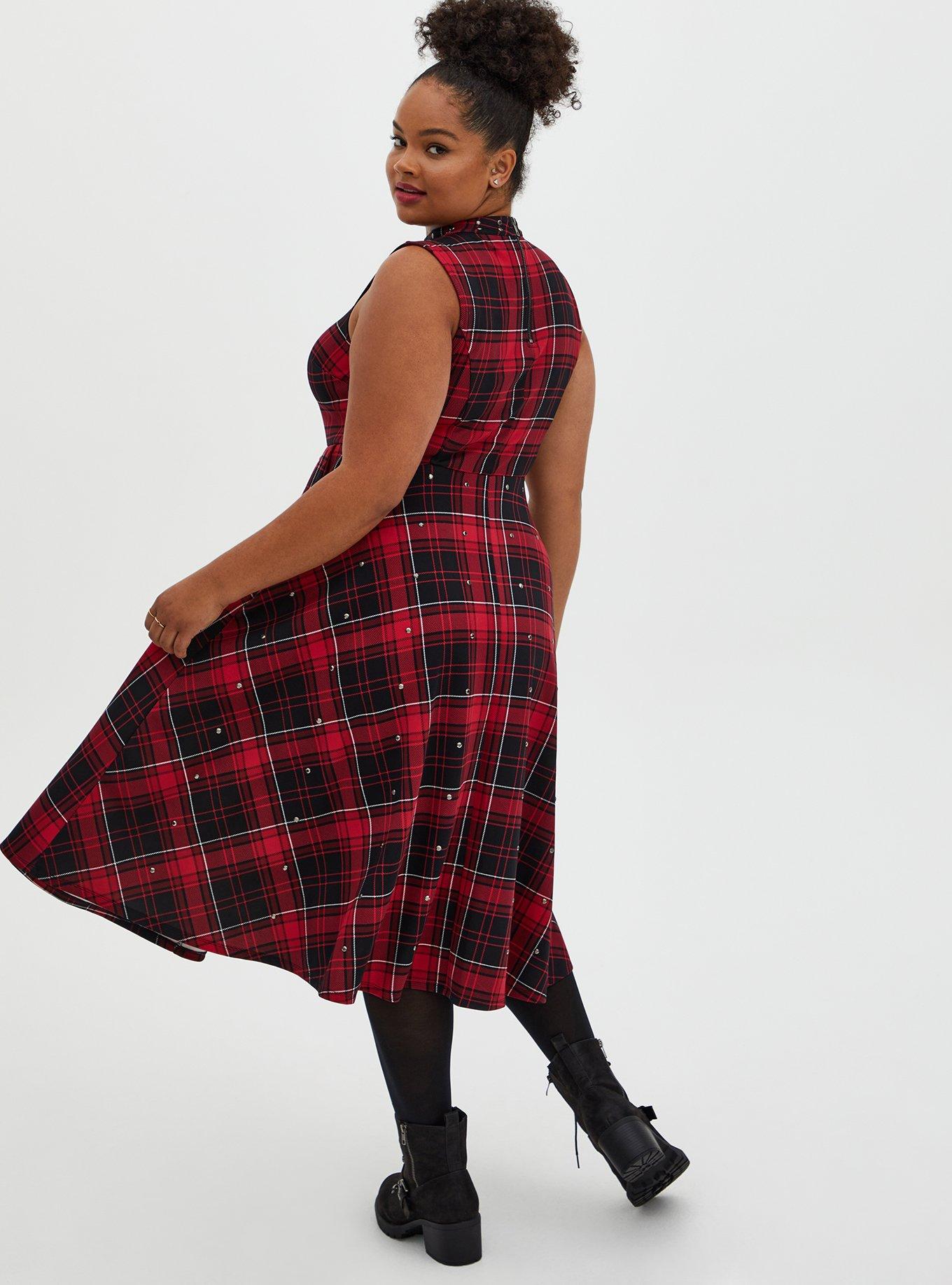 Plus Size - Red Plaid Scuba Knit Mock Neck Midi Skater Dress - Torrid