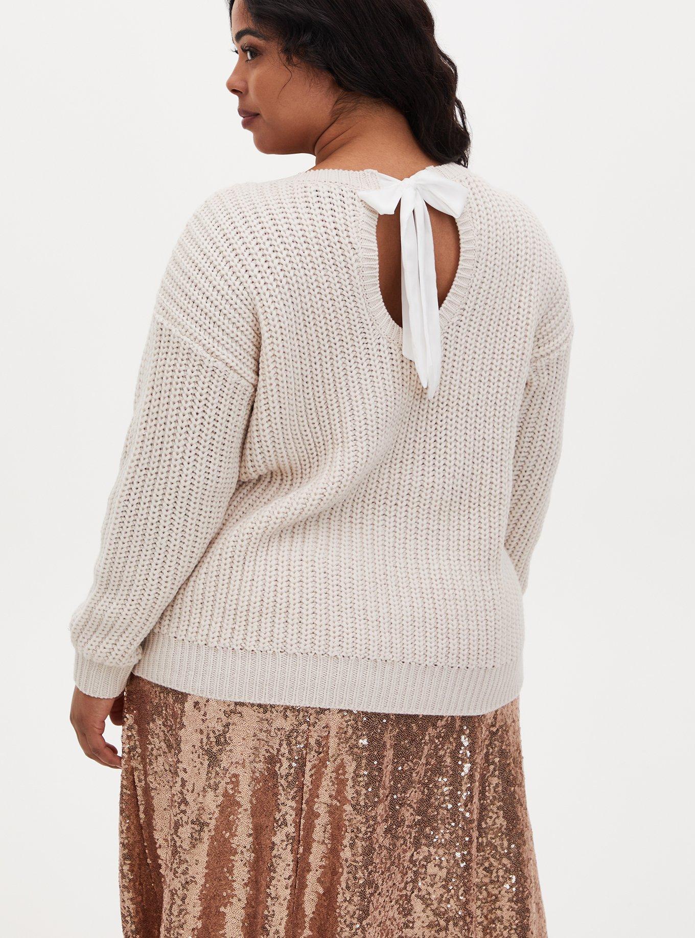 Chunky Pullover Tie Back Drop Shoulder Sweater, IVORY, hi-res