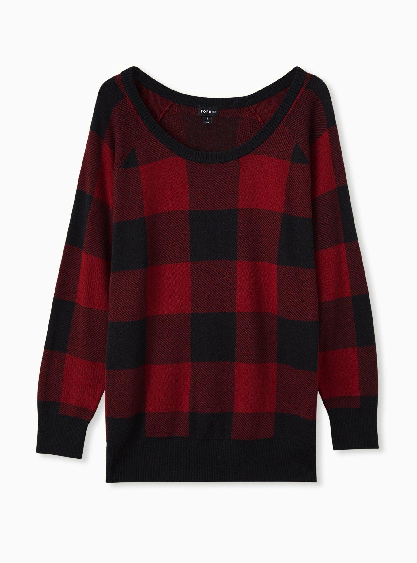 Cotton Pullover Raglan Sweater, RED PLAID, hi-res