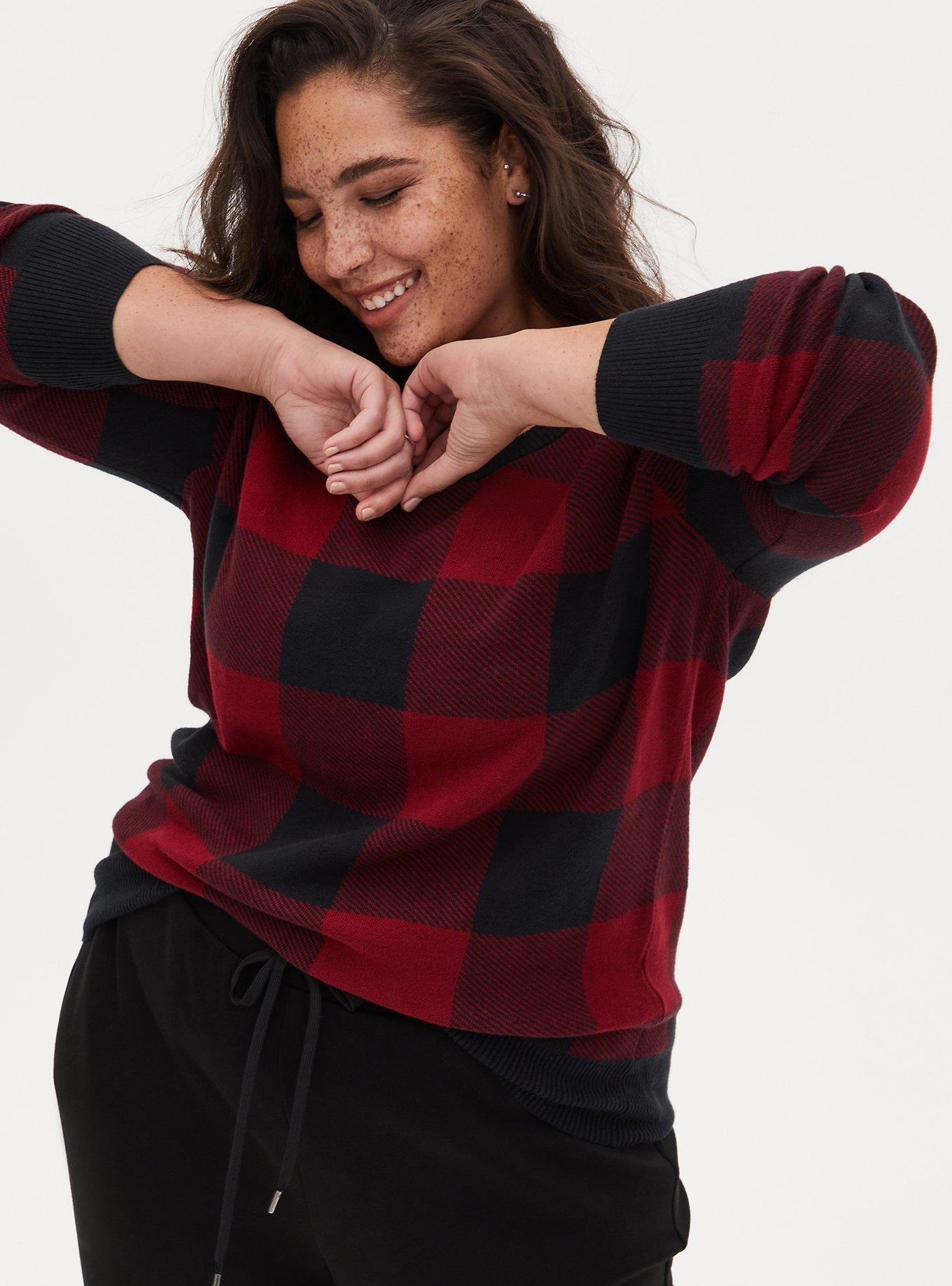 Cotton Pullover Raglan Sweater, RED PLAID, hi-res