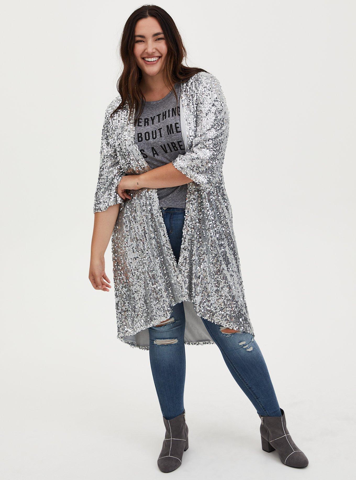 Plus Size - Silver Sequin Open Front Hi-Lo Kimono - Torrid