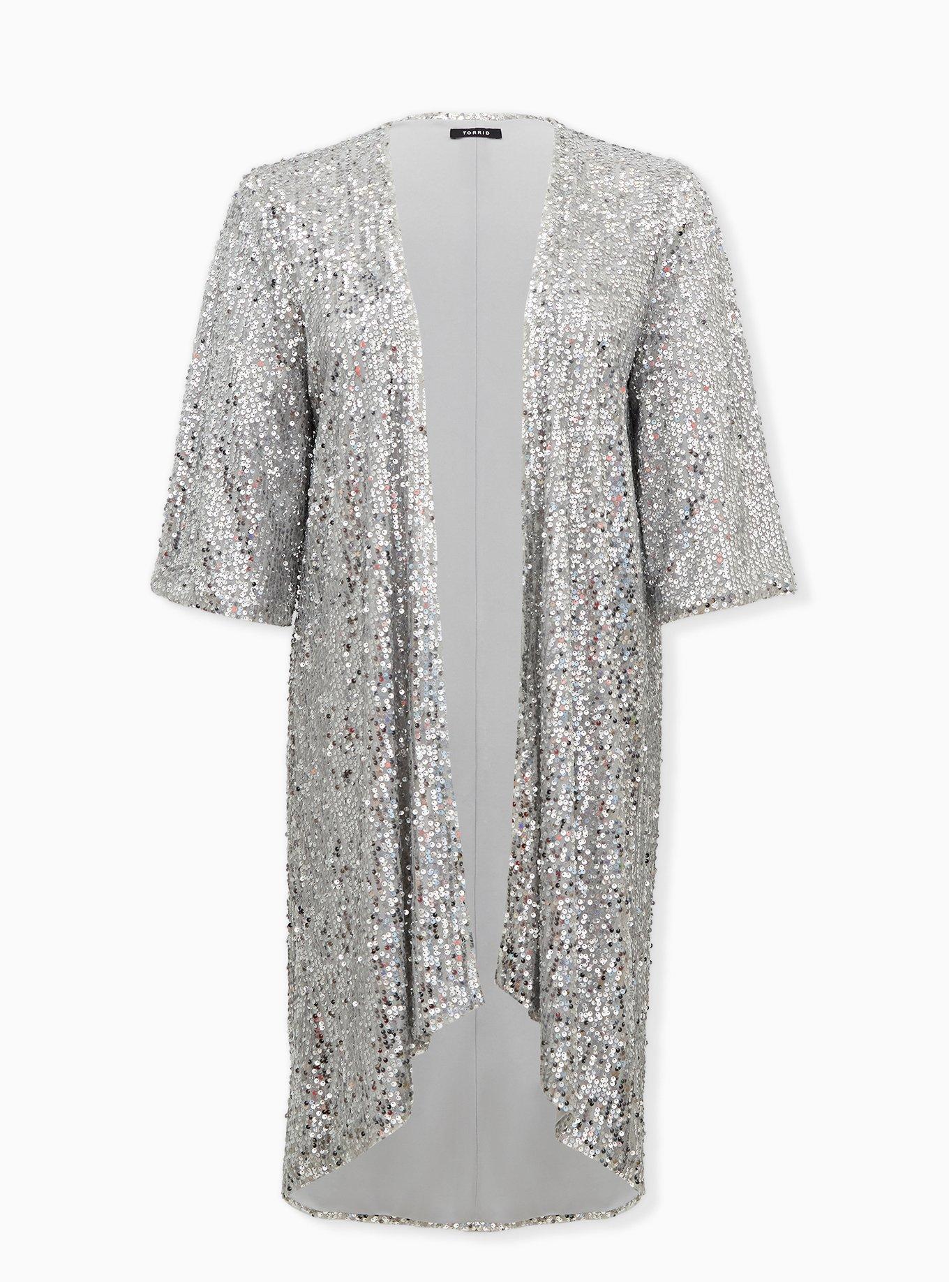 Plus Size - Silver Sequin Open Front Hi-Lo Kimono - Torrid