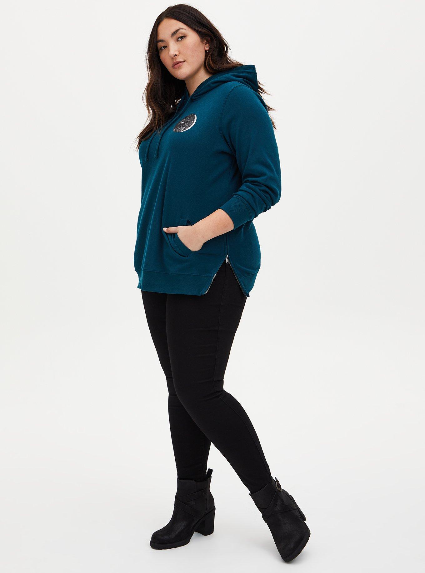 Plus Size Teal Moon Fleece Side Zip Tunic Hoodie, TEAL, alternate
