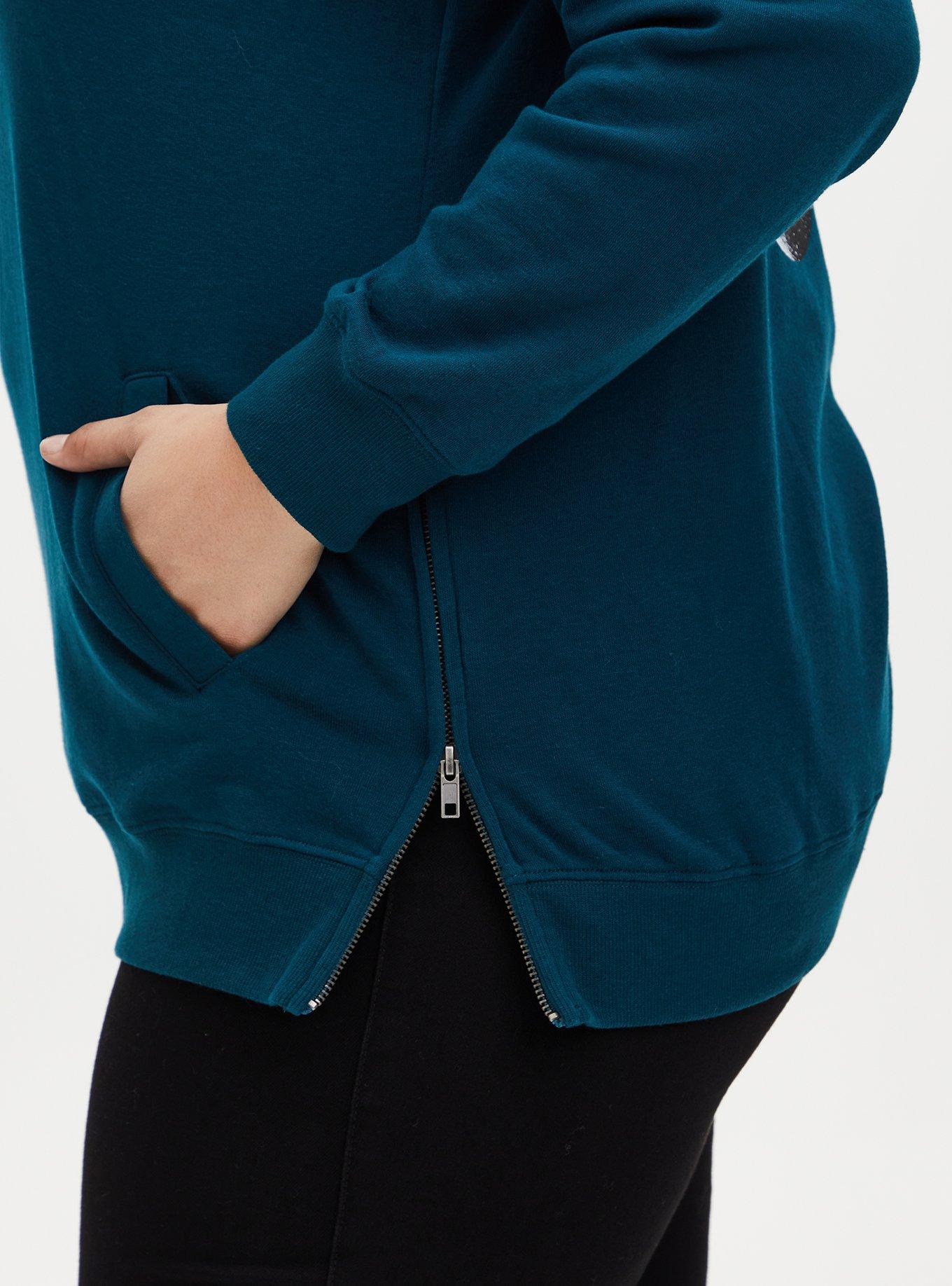 Plus Size Teal Moon Fleece Side Zip Tunic Hoodie, TEAL, alternate