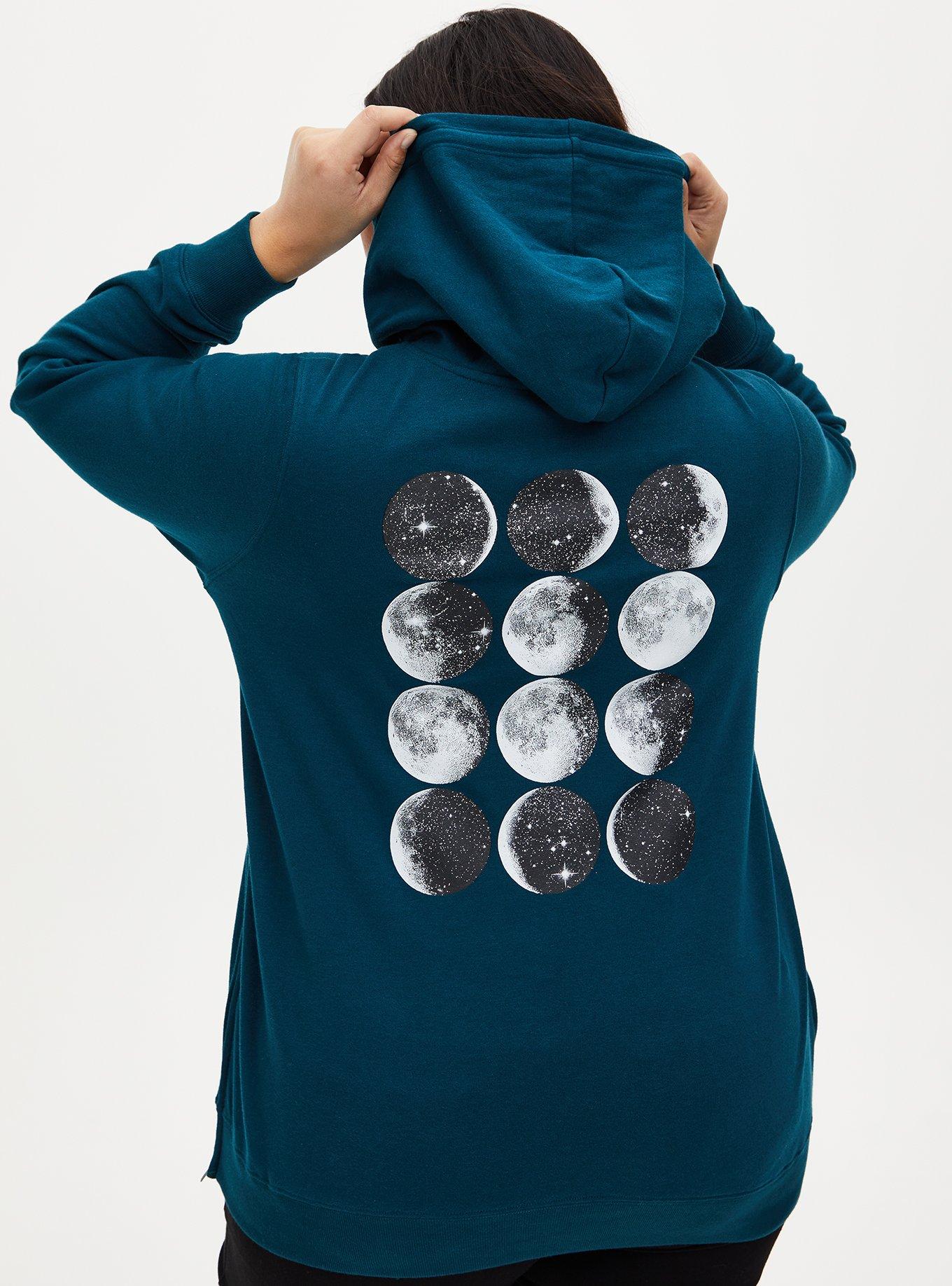 Plus Size Teal Moon Fleece Side Zip Tunic Hoodie, TEAL, alternate