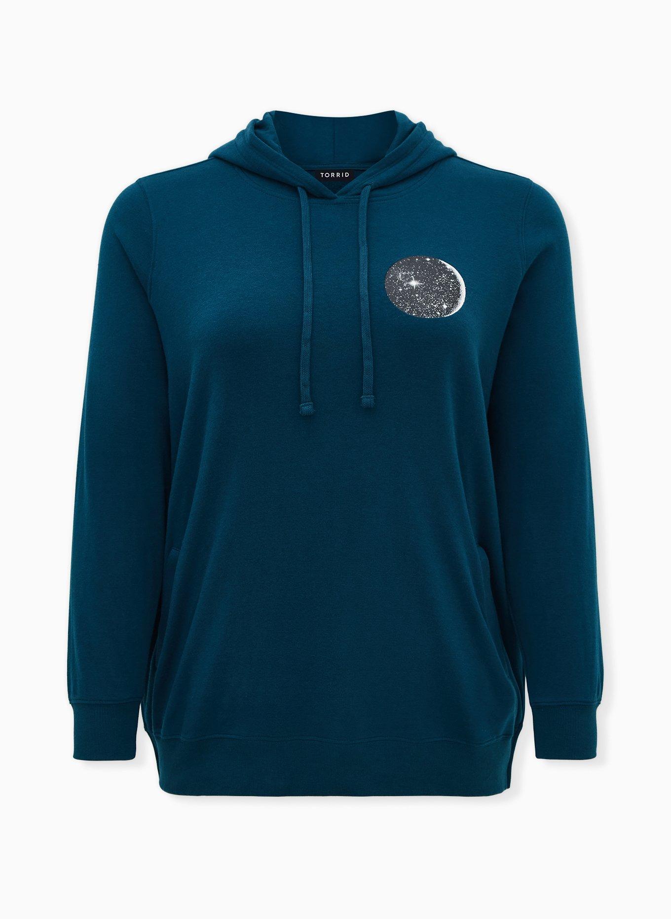 Plus Size Teal Moon Fleece Side Zip Tunic Hoodie, TEAL, hi-res