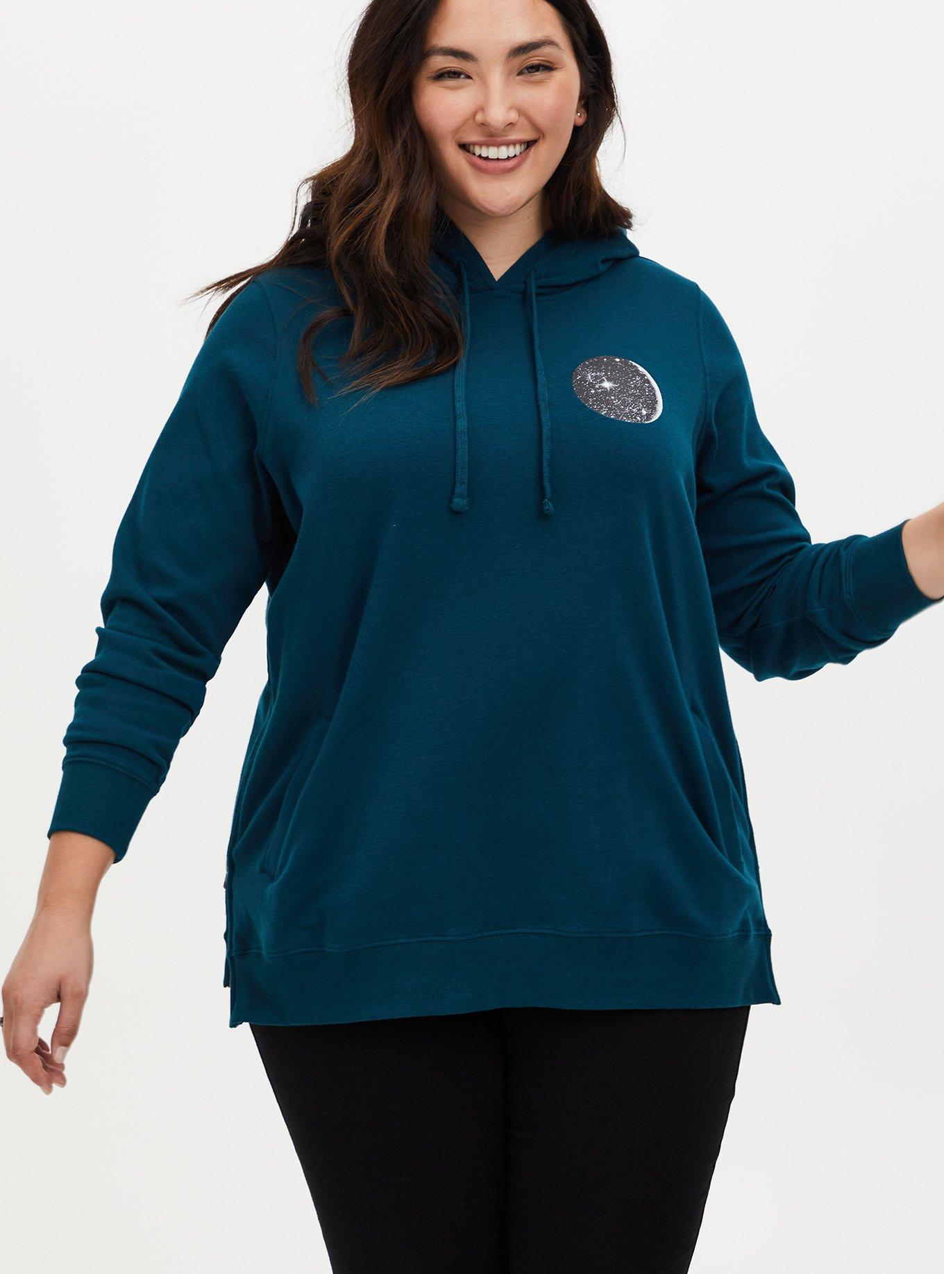 Plus Size Teal Moon Fleece Side Zip Tunic Hoodie, TEAL, hi-res
