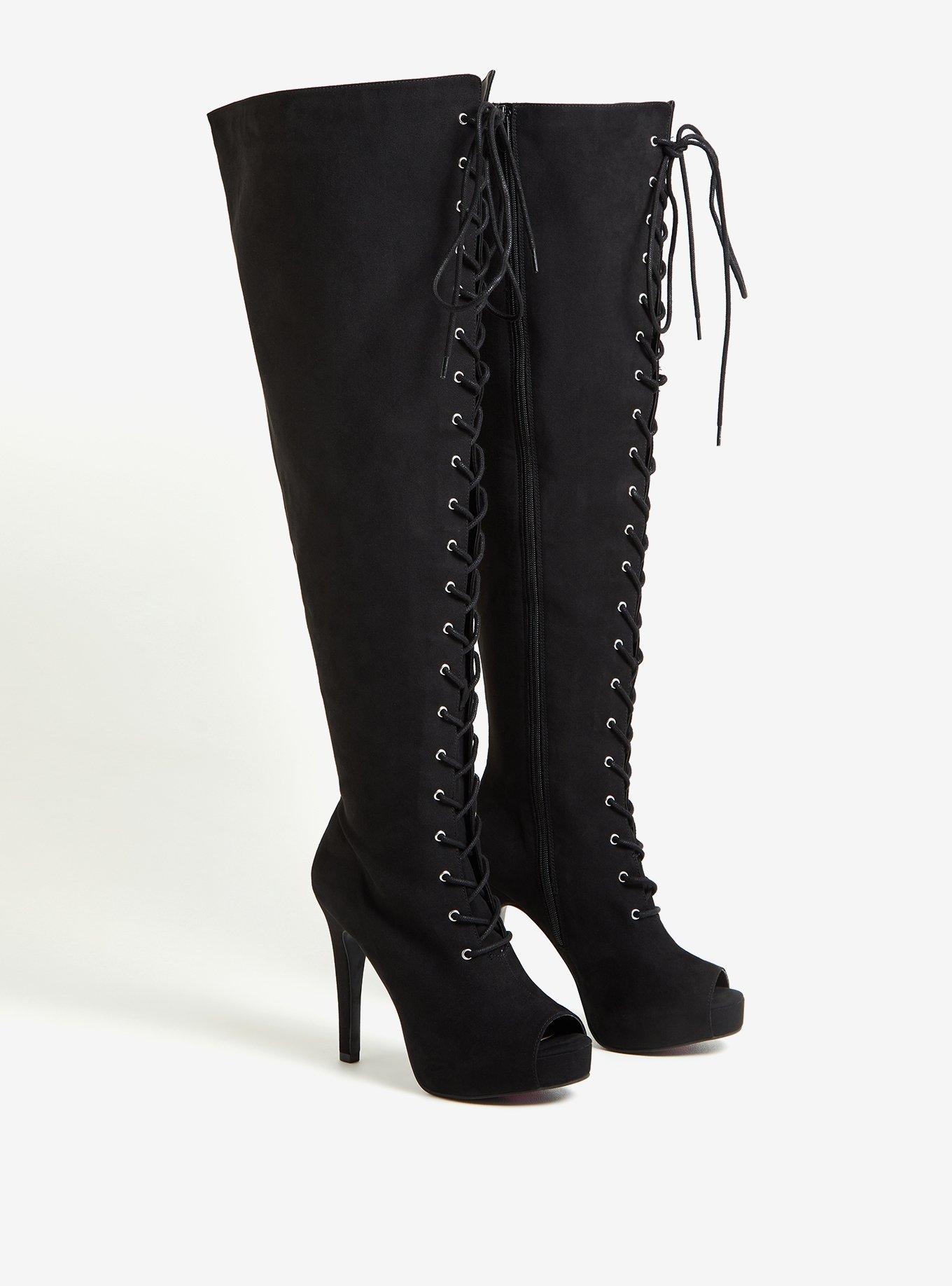 Plus Size Open Toe Lace-Up Over-The-Knee Platform Boot Black