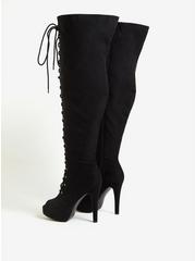 Open Toe Lace-Up Over-The-Knee Platform Boot - Black Faux Suede (WW), BLACK, alternate