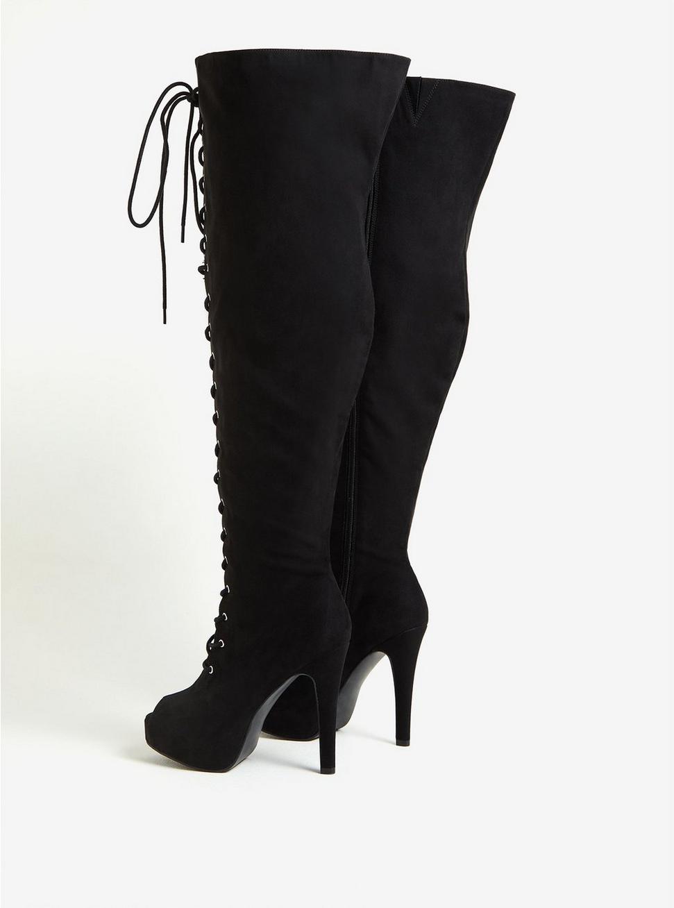 Open Toe Lace-Up Over-The-Knee Platform Boot - Black Faux Suede (WW), BLACK, alternate