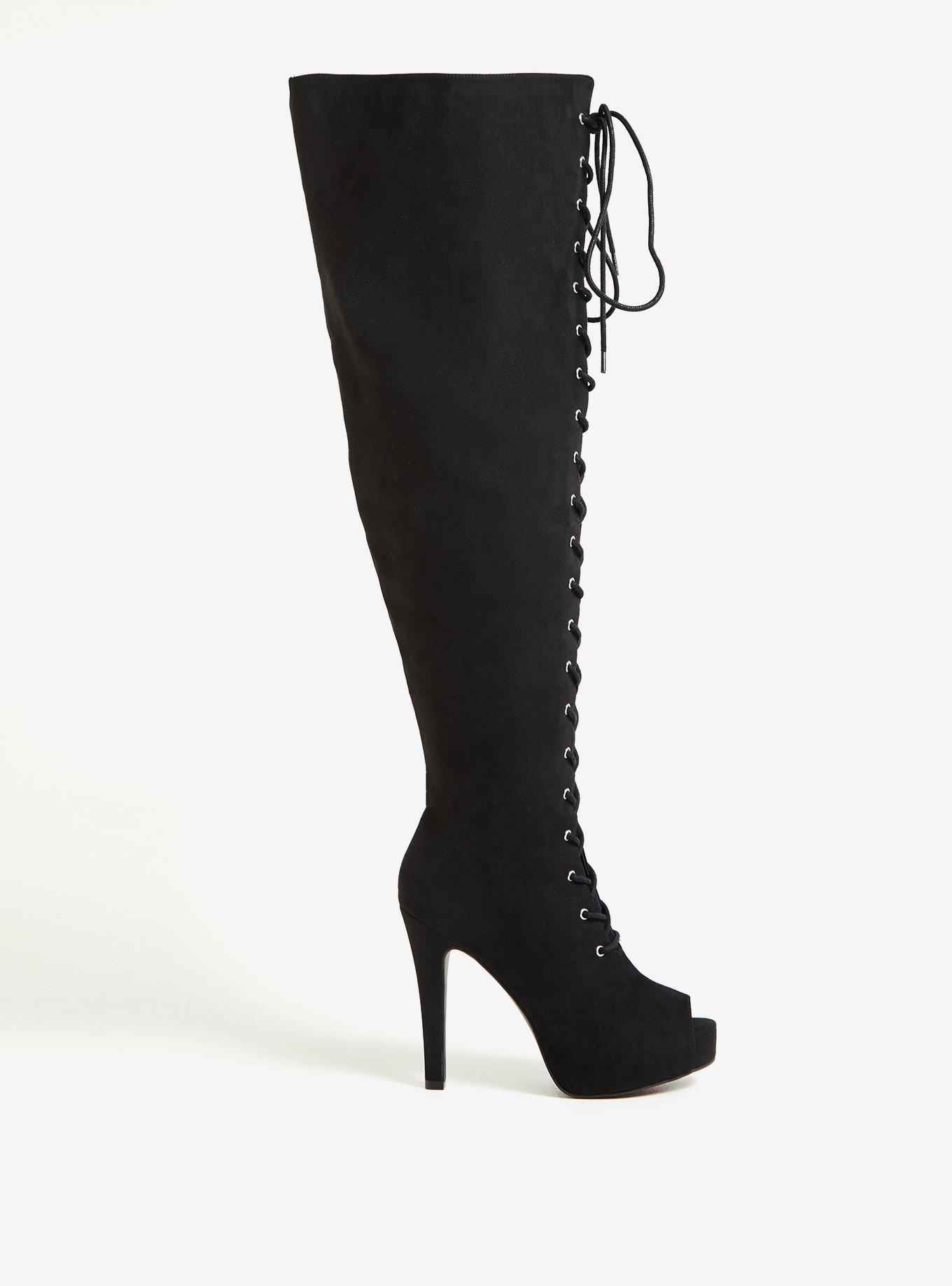 Plus Size Open Toe Lace-Up Over-The-Knee Platform Boot - Black Faux Suede (WW), BLACK, alternate