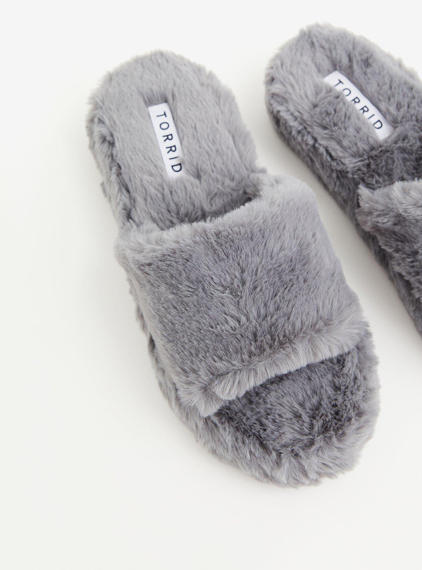 Plus Size Grey Faux Fur Platform Slipper (WW), , hi-res