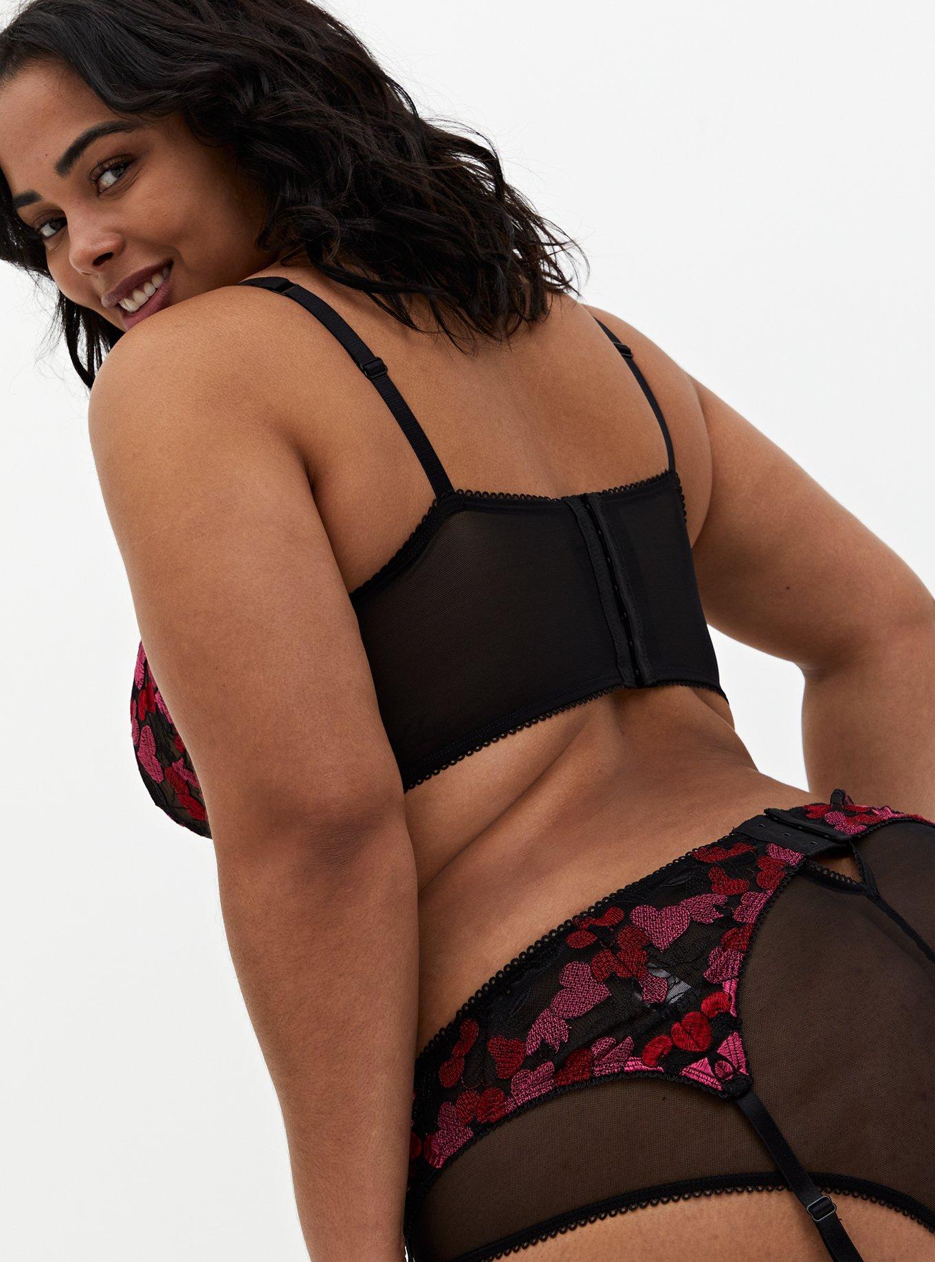 Plus Size - Black & Pink Heart Embroidered Underwire Longline