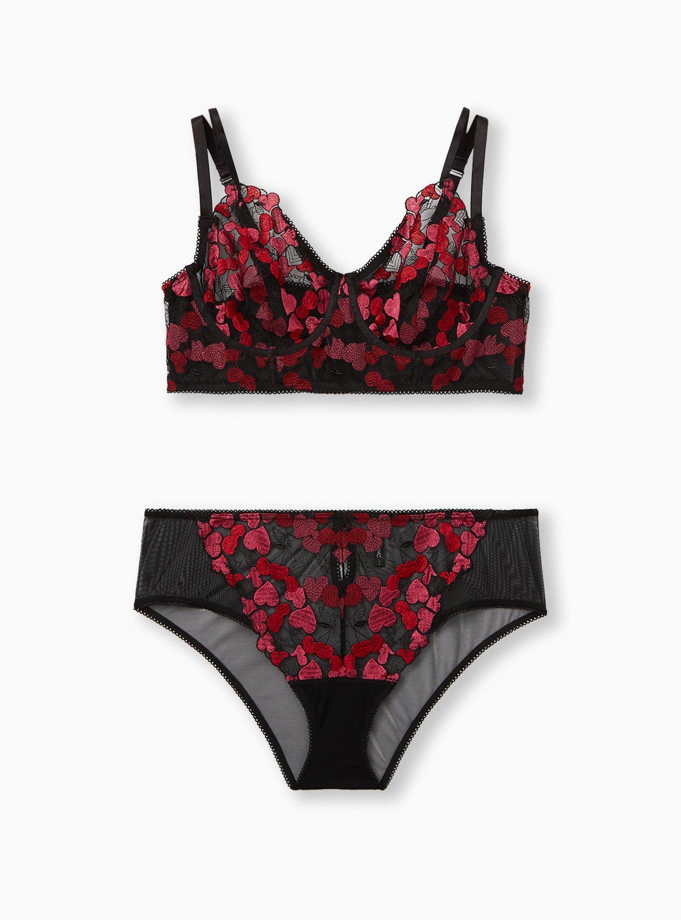 Black & Pink Heart Embroidered Underwire Longline Bralette, CHERRY, alternate