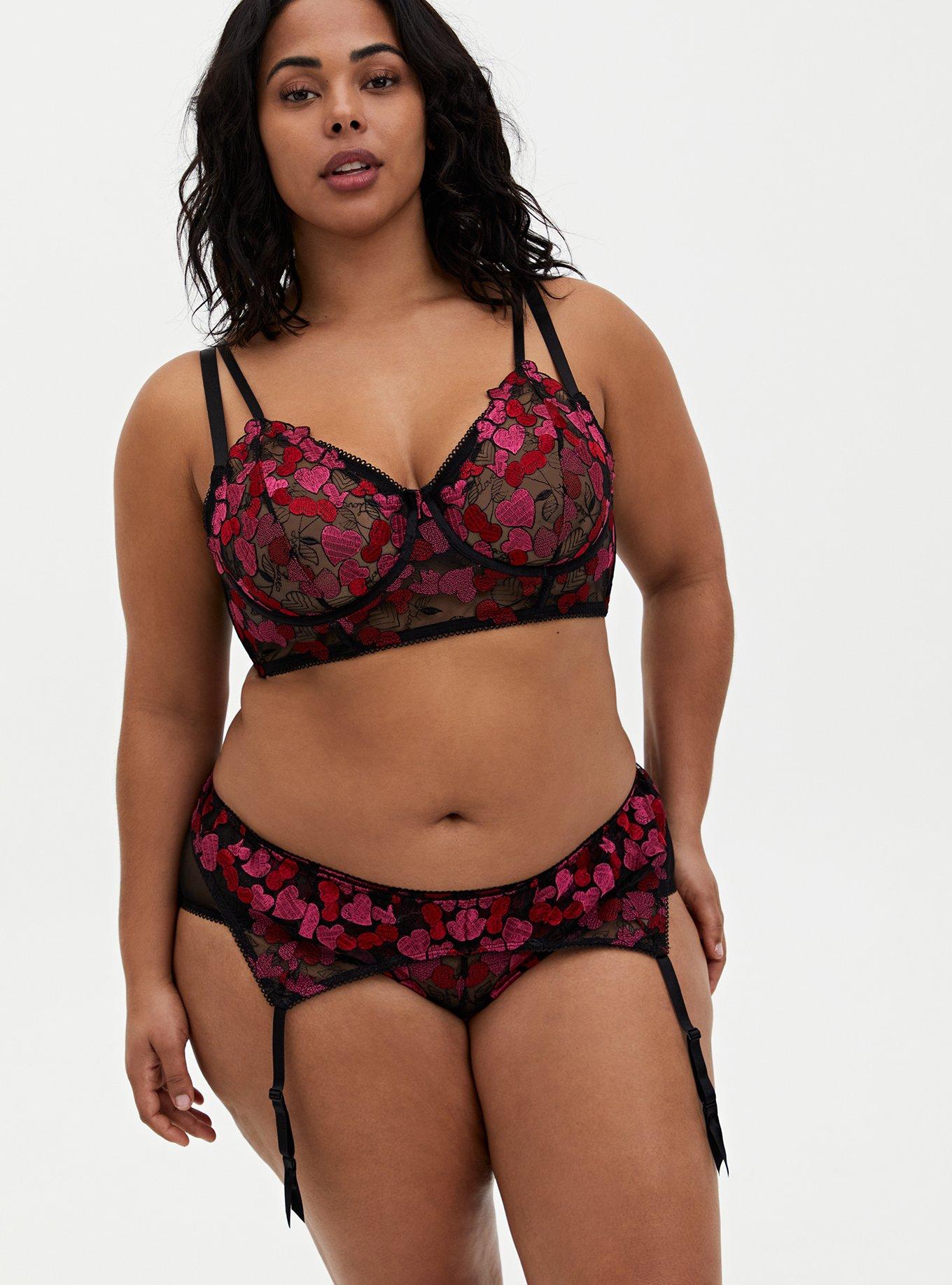 Plus Size - Black & Pink Heart Embroidered Underwire Longline