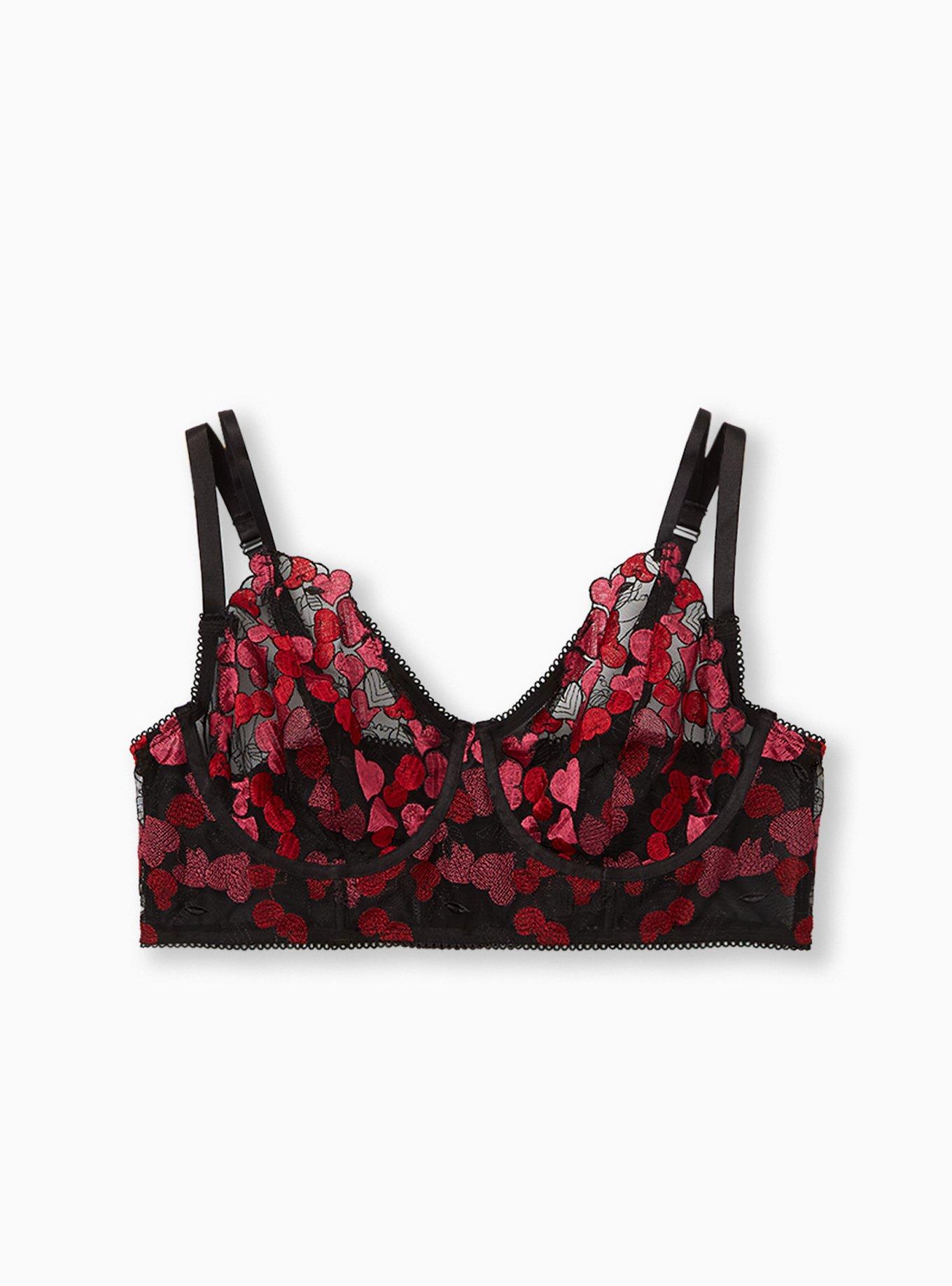 Black & Pink Heart Embroidered Underwire Longline Bralette, , hi-res