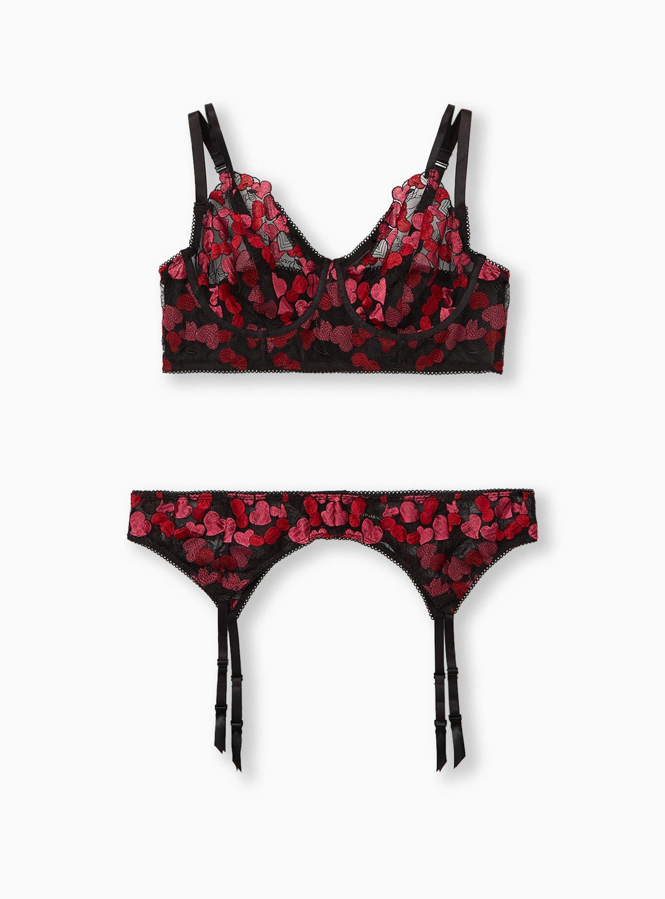 Plus Size - Black & Pink Heart Embroidered Mesh Garter Belt - Torrid
